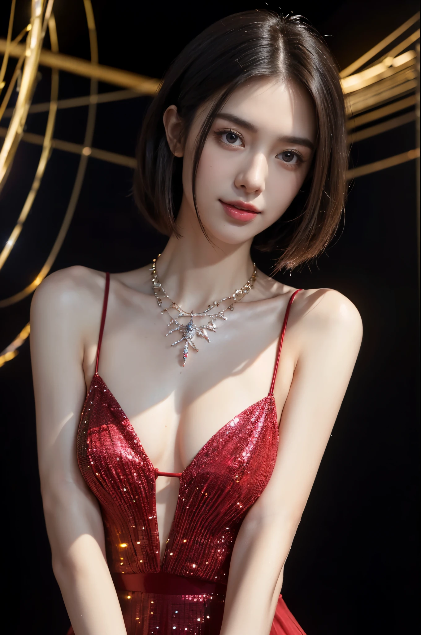 ((((8k))),((Extremely meticulous CG)),(wallpaper),16k,((Extremely refined and beautiful)),(((Masterpiece))),(((best qualtiy))),(((Ultra High Resolution))),beautiful light up,Perfect lightning,realistic shaded,(high resolution),(Smooth and flawless fair skin:1.5),(pale skin:1.3),Extremely exquisite facial details,(perfect body:1.1),ultra-detailed,a girl,solo,small head,(shoulder length straight bob hair:1.1),small face,Exquisite makeup,(slim,thin),(happy:1.2),(smile:1.2),(small :1.2),(flat chest:1.2),(Crystal Necklace:1.1),(Maxi Gorgeous sparkle red dress:1.5),(slender legs:1.2),(Suspender stockings:1.3),(high heels:1.1),(night scene:1.5),indoor,(standing On the dazzling stage:1.3),(Modern Cyberpunk Style:1.3),(Spring Festival festive atmosphere:1.3),(detailed background:1.5),(close-up of upper body:1.3),(from front:1.3),(bright light:1.3),