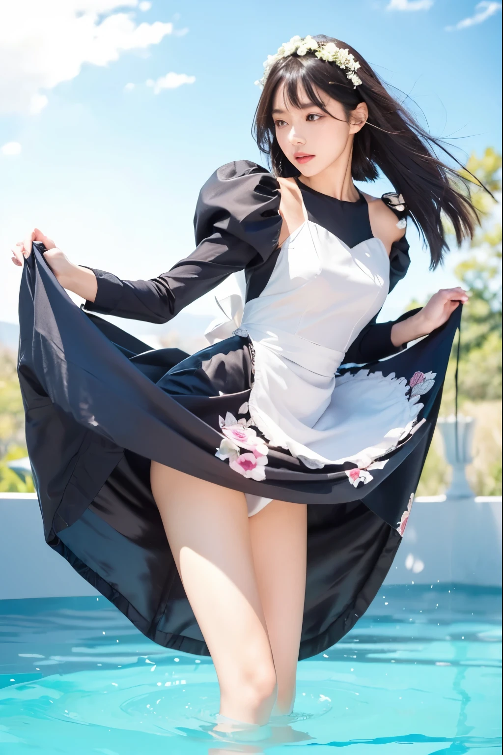 (Best quality, 8k, 32k, Masterpiece, UHD:1.2) "Generate a captivating artwork featuring a young Japanese girl model with short, sleek black hair styled in a chic bob haircut. Envision her bathed in dramatic cinematic lighting, creating an atmosphere of allure and mystery. Emphasize a romantic aesthetic vibe, showcasing the model in a poised and elegant pose that evokes a sense of intimacy and sophistication. Utilize warm and soft tones to enhance the romantic ambiance, and consider incorporating elements like flowing fabrics or flowers to add a touch of ethereal beauty. Capture the essence of romance and beauty through the model's expression, the play of light and shadows, and the overall aesthetic, creating a visually compelling and emotionally resonant piece." (perfect eyes), flawless skin, flawless face, cinematic, tight body, ((well-proportion female hands)), ((female hands with five digits)) ((Body is well proportioned)), ((chic bob haircut)), maid