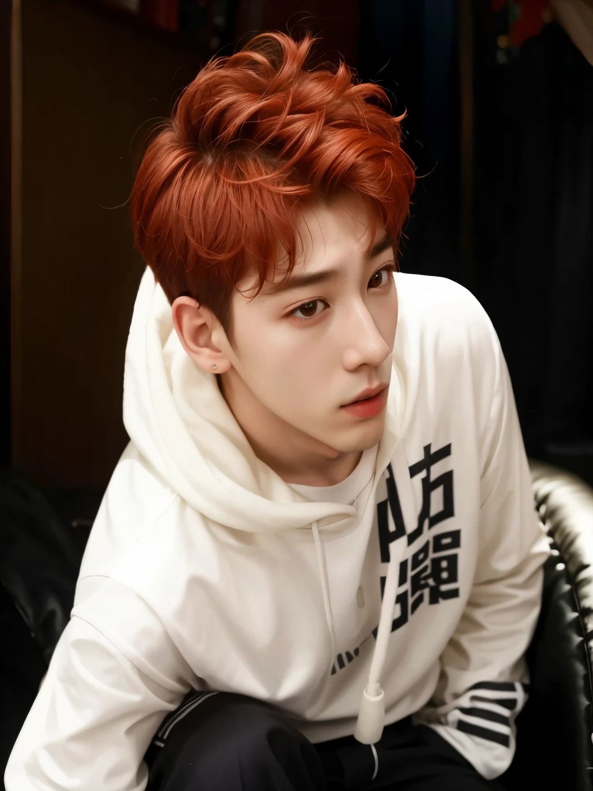 arafed boy with red hair sitting on a chair with a remote control, jungkook, pale korean adorable face, hyung tae, cai xukun, brillante por la lluvia, Jimin\la nariz griega, Jimin\his right eyelid is swollen, young pale angel, TaeJune Kim, Jimin\los labios carnosos, Con pelo corto, sol yunjoo, hong junio hyung
