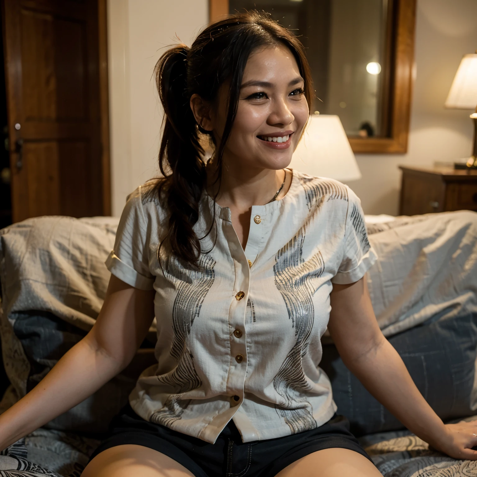 [realistic photo 9:16] RAW photo, 40 year old Indonesian woman, fat, hair in a ponytail, batik shirt, shorts, smiling happily, at home, at night.
