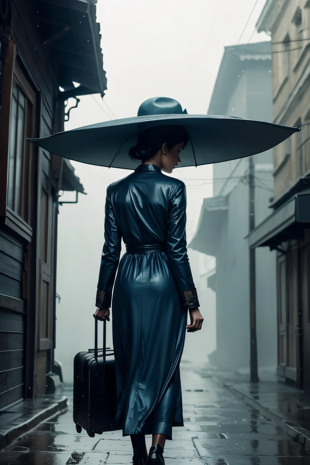 Generate painting art of a mysterious and atmospheric scene on a dimly lit, old-fashioned street. A close up woman in blue vintage clothing, with a soft, shimmering texture, is walking away, carrying a suitcase with worn leather handles, evoking a sense of departure or journey. Her face is partially hidden by the brim of her hat and the misty effects that enshroud her, adding to the enigmatic ambiance of the scene. Her eyes convey a sense of longing and introspection. In the background, there’s another indistinct figure, silhouetted against the misty rain, walking further away.
To the right of the image, an ill