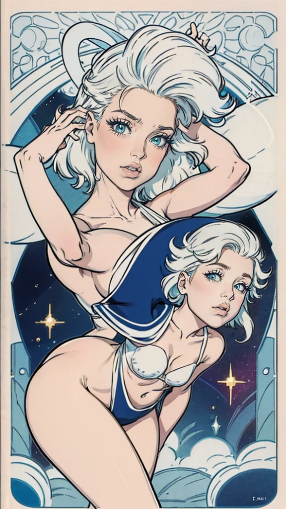 Portrait d’une femme magnifique et séductrice. Avec un magnifique regard, avec des cheveux de très longs, très sexy, avec une bouche assez pulpeuse, avec un arrière plan sur le thème des étoiles et de la lune, avec de magnifique couleurs arc en ciel, couleur très vives,