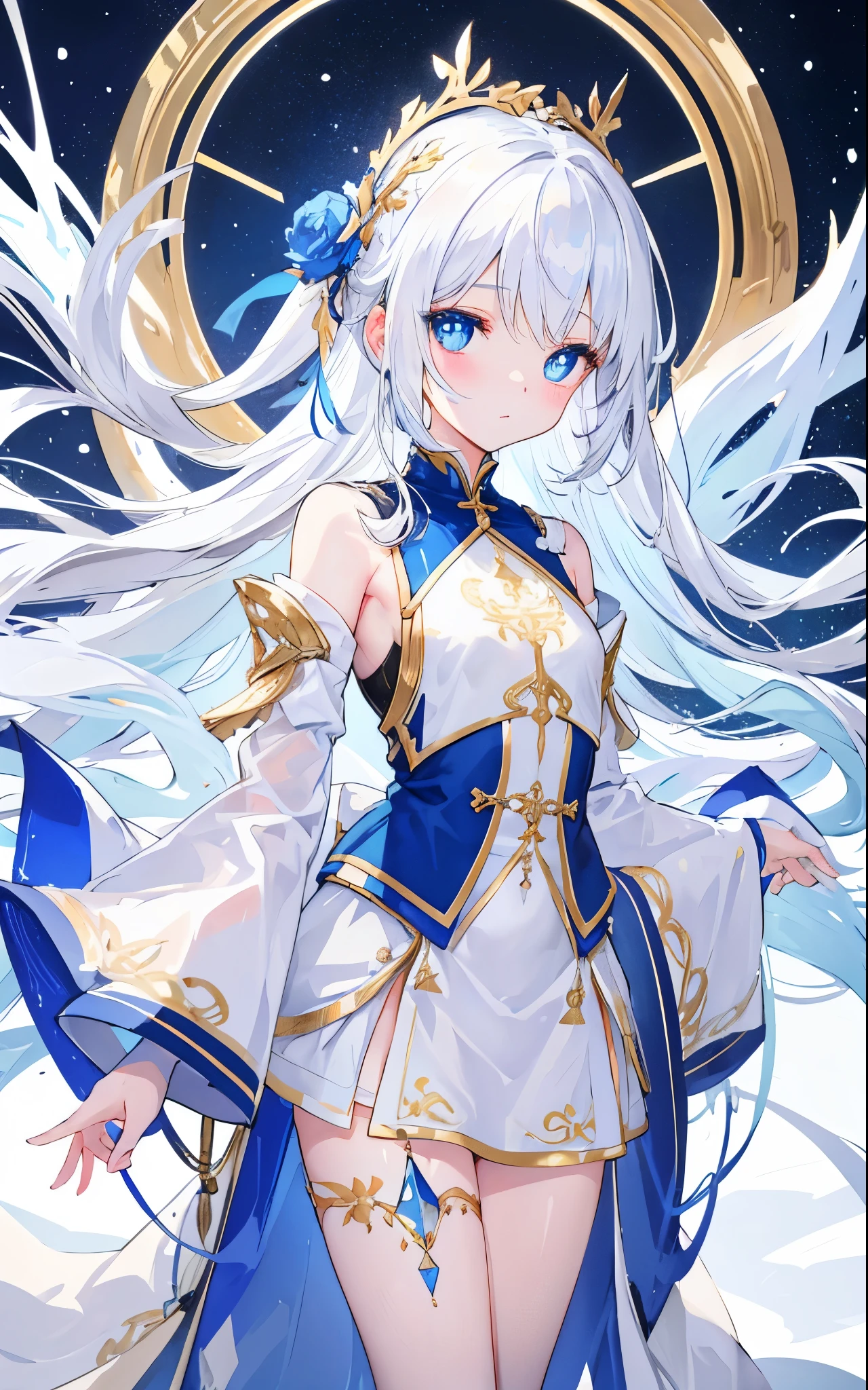 white snow hair,blue pupils,very stunning,Petite and cute little sweet girl,Soft and waxy texture of clothes,Inlaid with gold trim