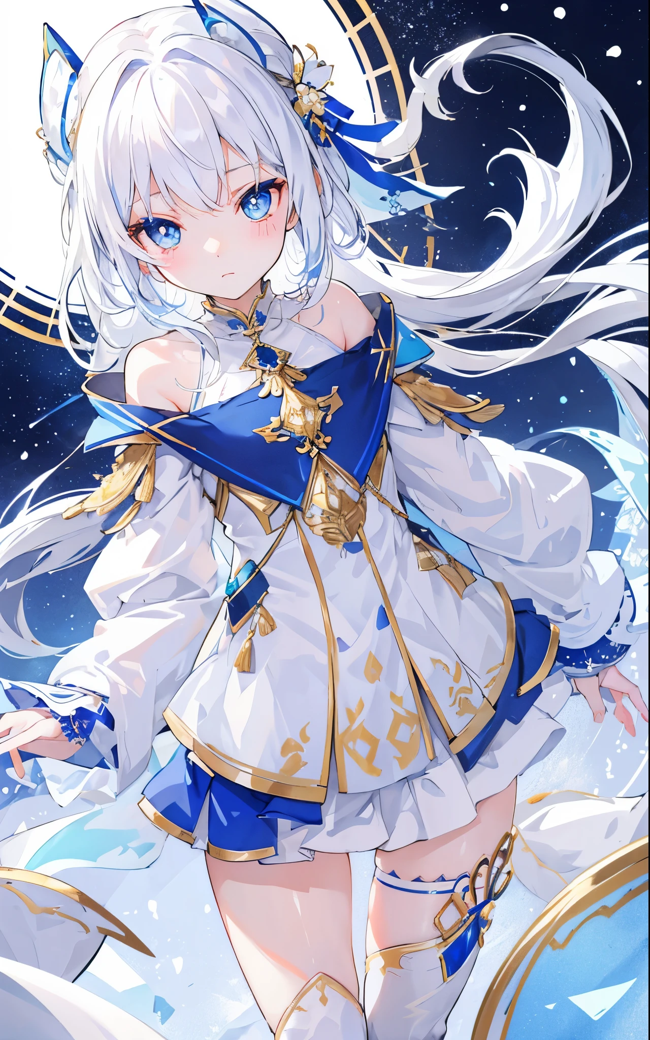 white snow hair，blue pupils，very stunning，Petite and cute little sweet girl，Soft and waxy texture of clothes，Inlaid with gold trim