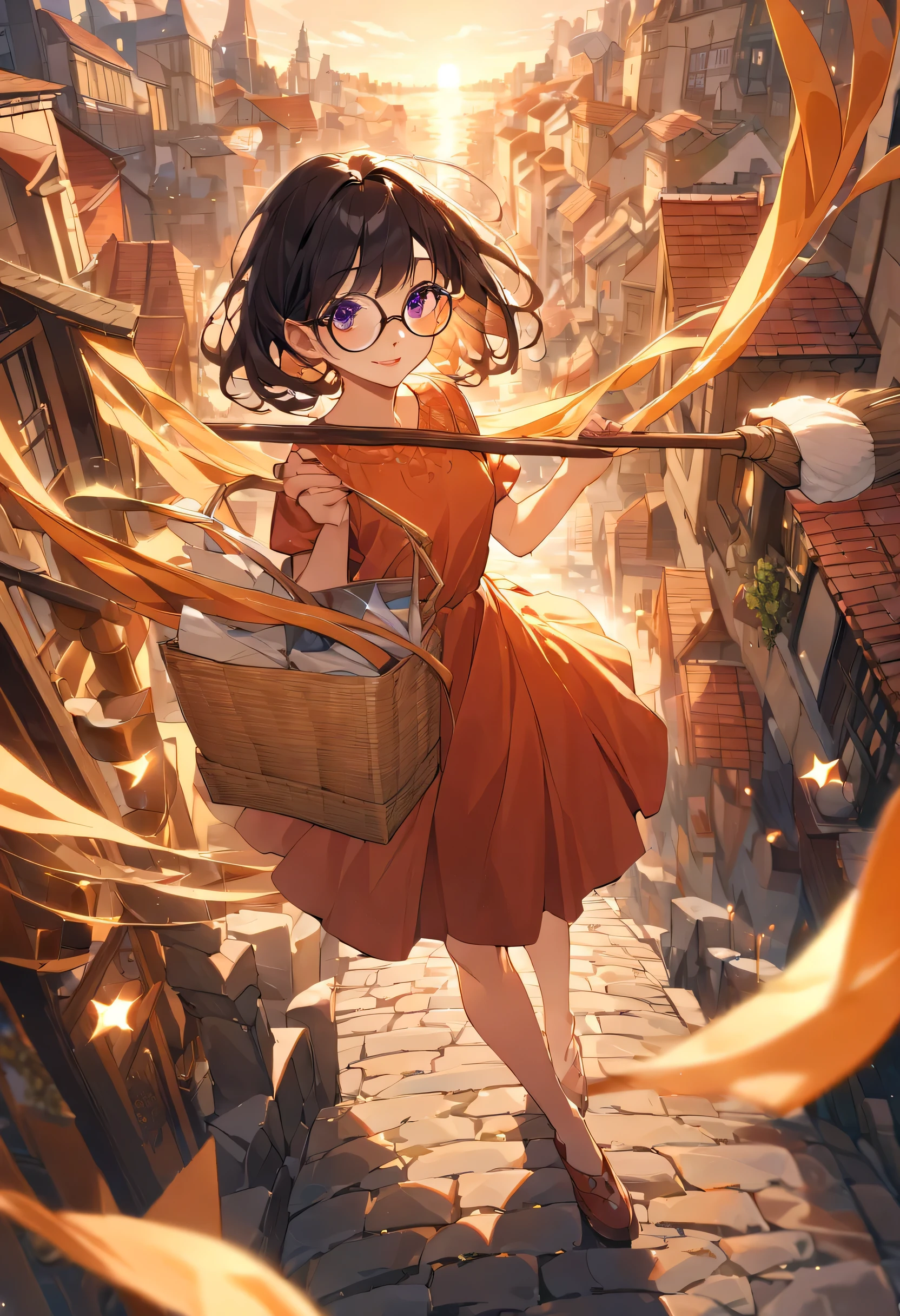 A girl with short black hair and round glasses, usando um vestido vermelho, delivering packages on his broomstick in a magical city at sunset. The girl&#39;s eyes are bright and full of curiosity, his lips curved into a gentle smile. The packages she carries are beautifully wrapped with colorful ribbons, e ela os segura com cuidado. The city is full of tall buildings, Narrow cobbled streets, e pequenas lojas aconchegantes. The roofs are adorned with chimneys that release thin clouds of smoke. The sky is painted in warm shades of orange and purple, Casting a soft glow on the city below. A luz do sol poente reflete nas janelas, criando um efeito cintilante. The atmosphere is full of excitement and anticipation as the girl glides through the air, your broom leaving a trail of glowing magic behind. The scene is captured in the highest quality, mostrando cada pequeno detalhe. The colors are vibrant and vivid, Bringing the image to life. Lighting is carefully crafted to enhance the atmosphere, com um calor, tom dourado em torno da  e da cidade.