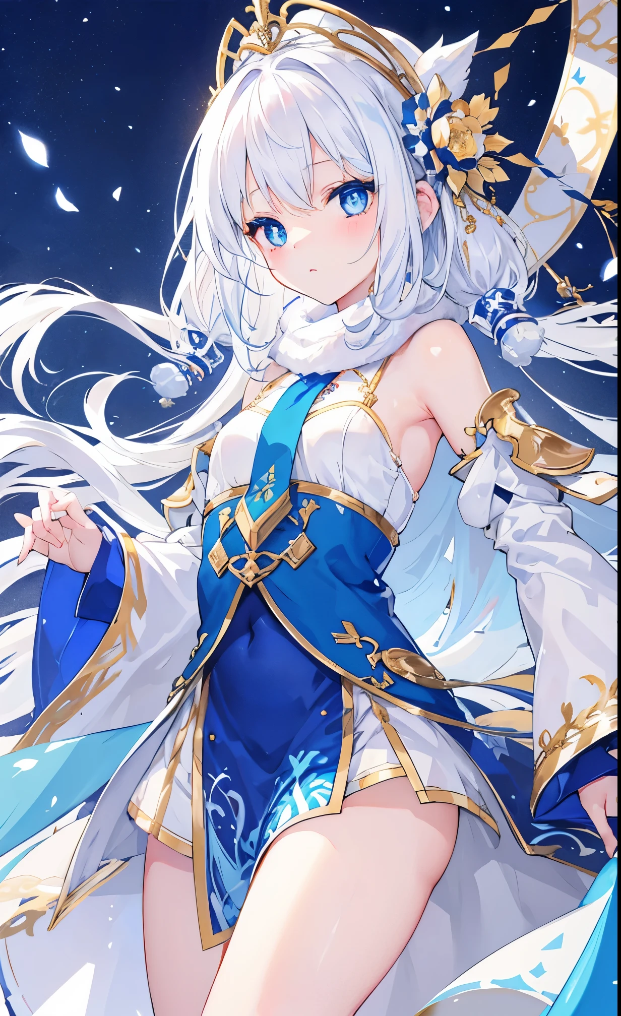 white snow hair,blue pupils,very stunning,Petite and cute little sweet girl,Soft and waxy texture of clothes,Inlaid with gold trim