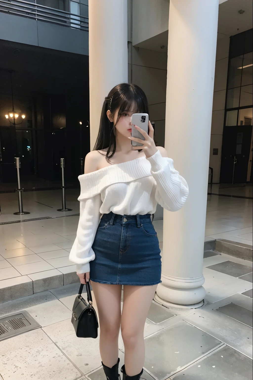 full body shot、highest quality、Super high resolution、(Photoreal:1.5)、1 girl、White off-shoulder knit、denim mini skirt、black knee high socks、black platform leather shoes、long hair:1.2、With bangs、black hair、big breasts:1.2、university courtyard、Taking a selfie with a smartphone in his right hand