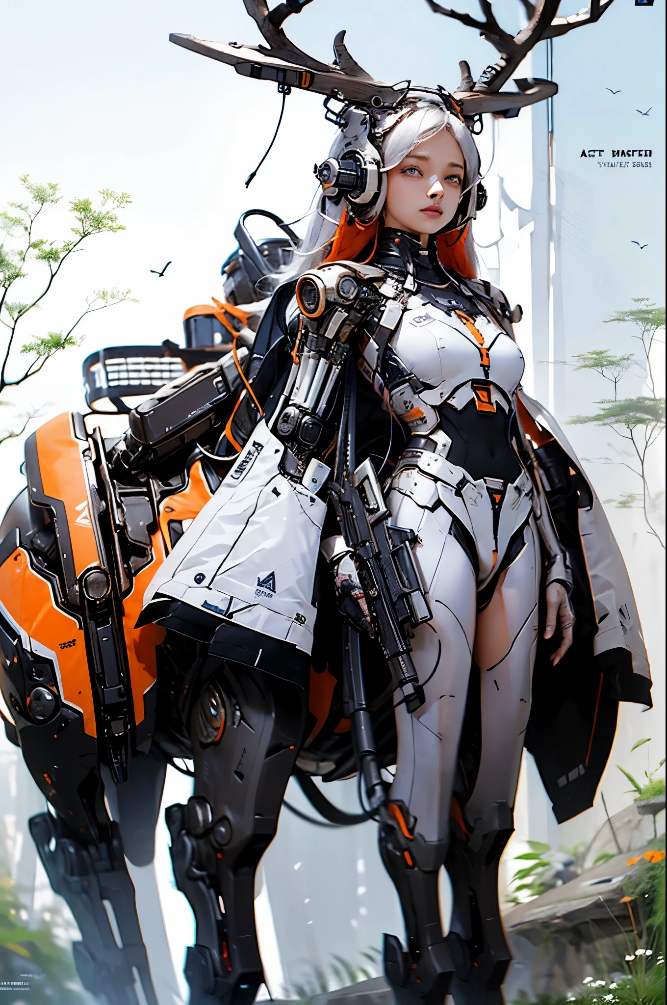 masterpiece, (1girl:1.5), extremely detailed female character, full body shot, best quality, dnd, dungeons and dragons, (curvy, athletic, pointy ears), (deer, deer ear, anthro, horns, glowing eyes), (magazine title, text), (magazine:1.5), medieval era, fantasy clothes, anime style, (medieval mecha sci-fi suit, autumn forest background, destroyed town, action pose), (nsfw:0.1)