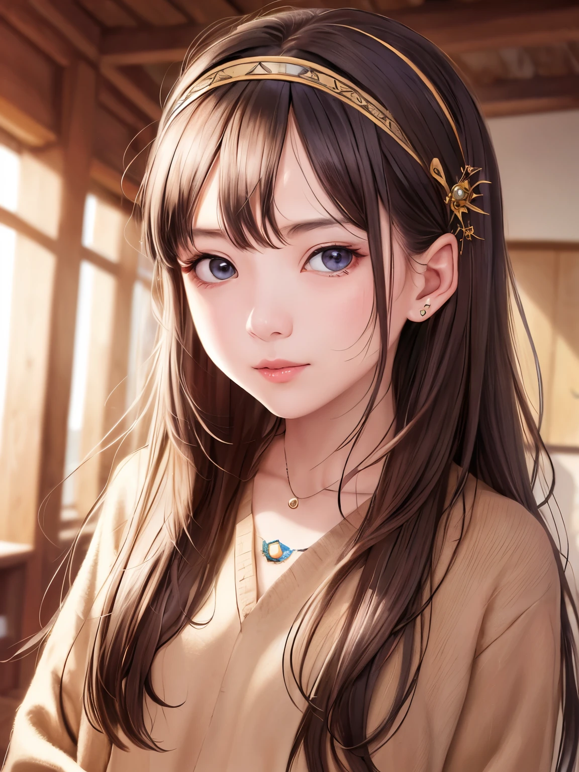 (masterpiece), best quality, best quality, Very detailed CG unity 8k wallpaper, Detailed and complex, high resolution, actual, depth of field, Very detailed CG, looking at the audience,alone,
\
(16 years old),Very detailed_Eye, nail,
(Eyeliner:0.5),(blush:0.5),long brown hair, Headband, jewelry hairpin, whole body,
\
riverside,
(ambient light:0.8),(human development report:1),