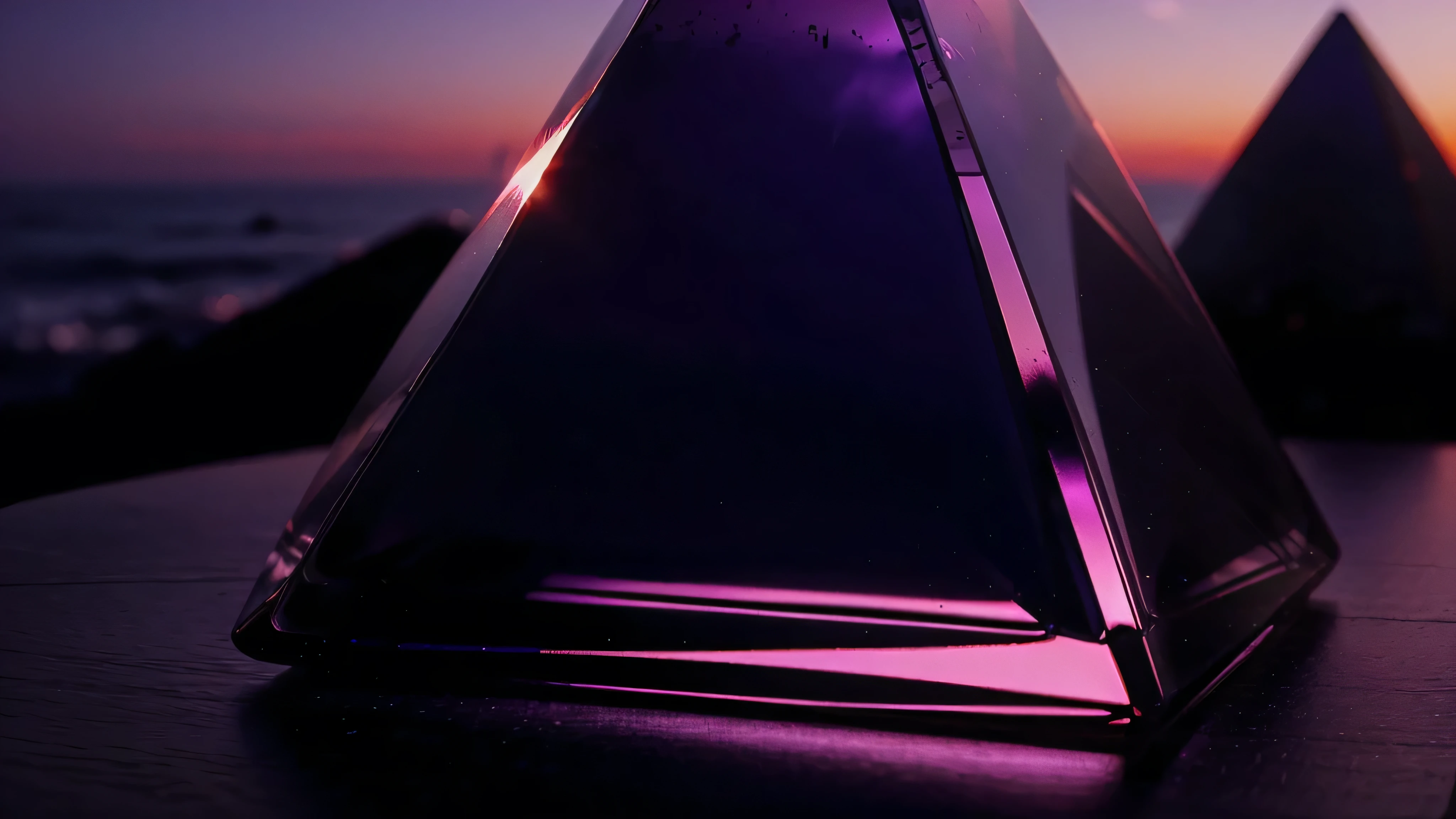 glass obsidian pyramid at sunset vaporwave, horizon, purple hue