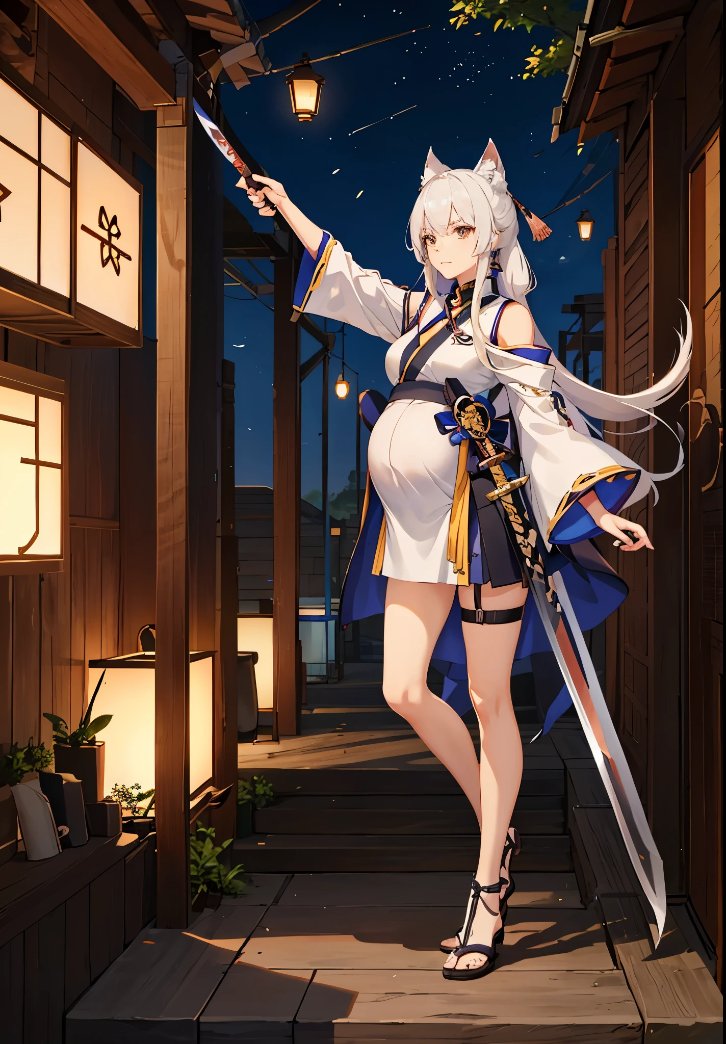 a woman in a dress holding a sword and a sword, video game character, from arknights, fox nobushi holding a naginata, hajime yatate, keqing from genshin impact, white haired deity, with large sword, ayaka genshin impact, female action anime girl, official character art, anime character, pregnant anime girl, fetus