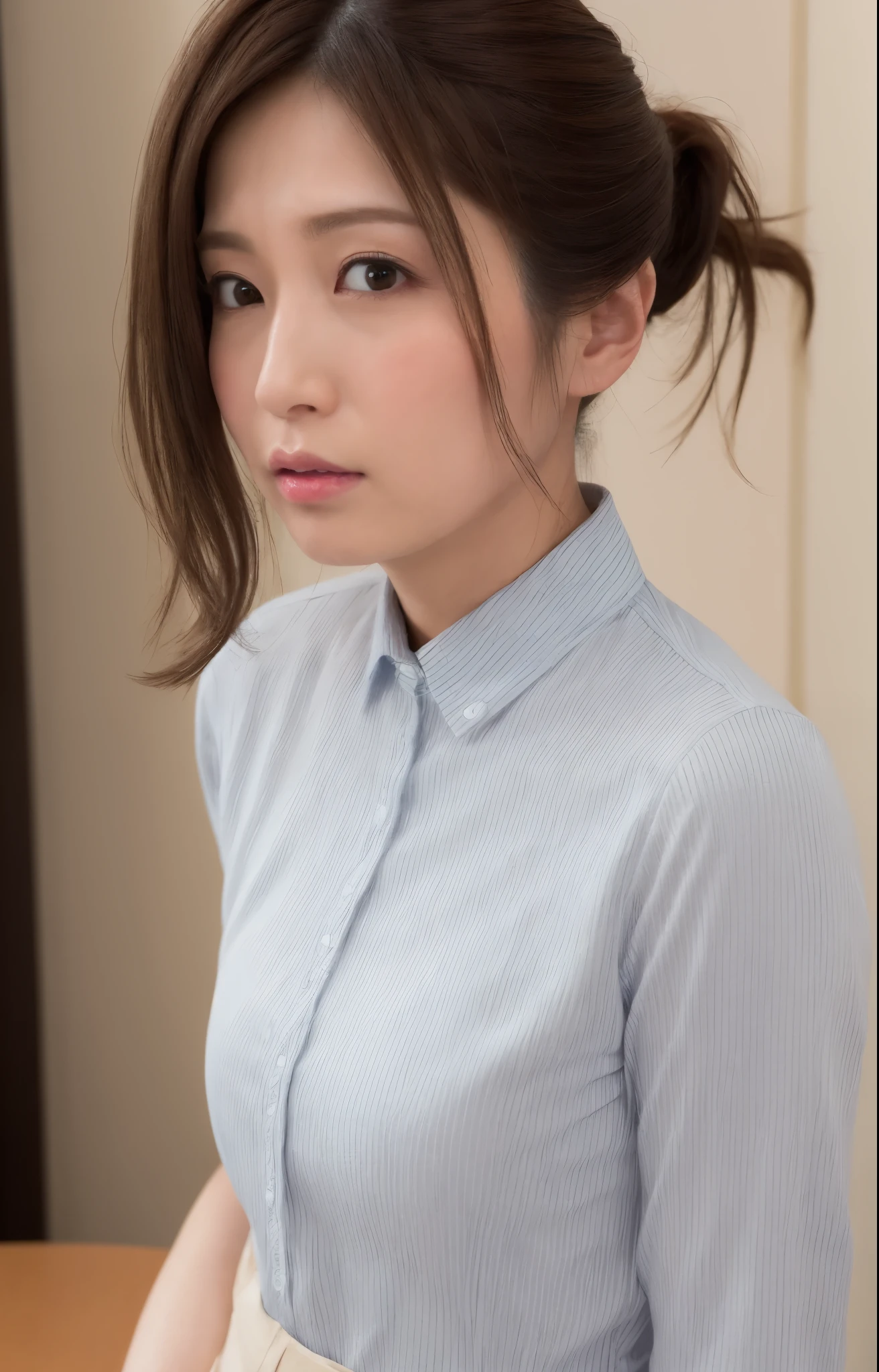 (Best quality, 8k, 32k, Masterpiece, UHD:1.2), from behind, 1 girl, beautiy Japanese office lady, (angry:0.5), (looking at the viewer), 30 years old, bit chubby, white shirt, black skirt, office room, desk, detailed beautiful face, pony-tail hair, from below,