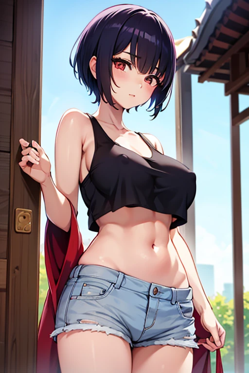 Japanese naive boyish girl with berry short cut　Short hair that shows ears and nape　Thin tank top　very large breasts that hang softly　areola is very large　nipples are large and pointed,　beautiful belly　I can see the cracks that have dug in.　super low rise hot pants　