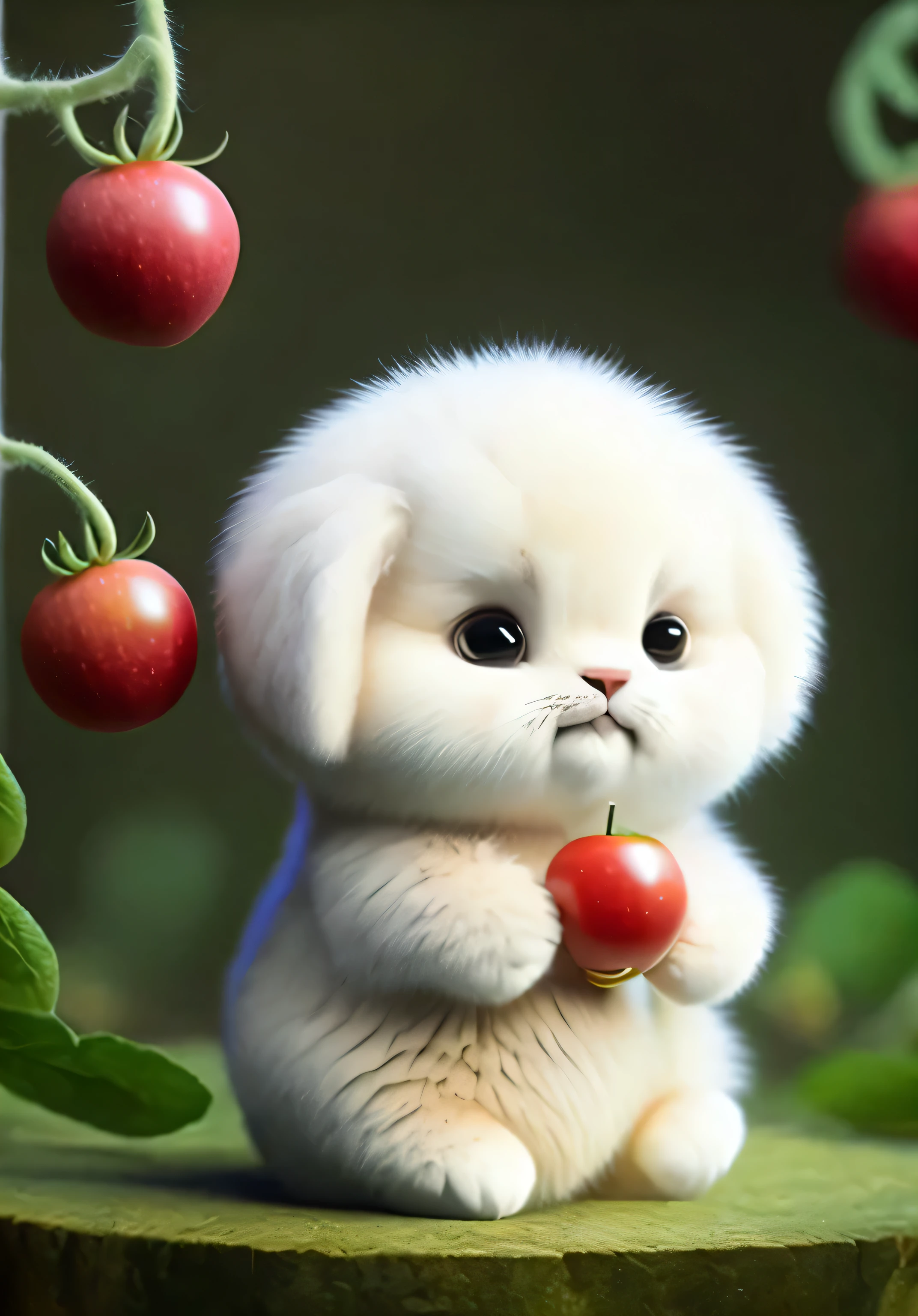 fluffy cat , apple, bear, cherry, food, fruits, whole body, have, non-human, tomatoes, Watermelon