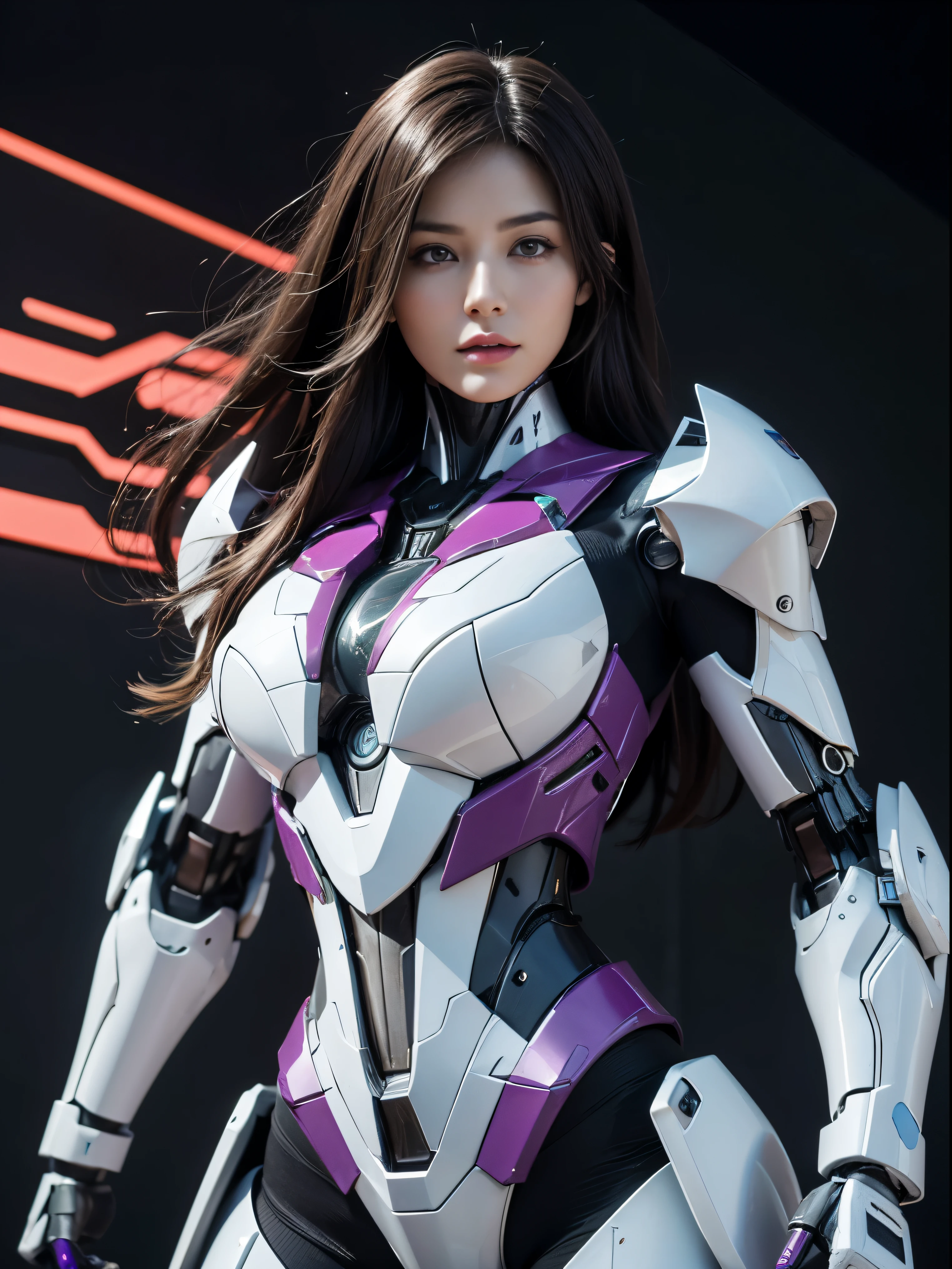 Textured skin, Super Detail, high details, High quality, Best Quality, hight resolution, 1080p, hard disk, Beautiful,(Arcee),beautiful cyborg woman,Mecha Cyborg Girl,Battle Mode,Girl with a Mecha Body,She wears a futuristic Transformers mech,Female Warrior,fully body photo. purple, very very very long hair very silky