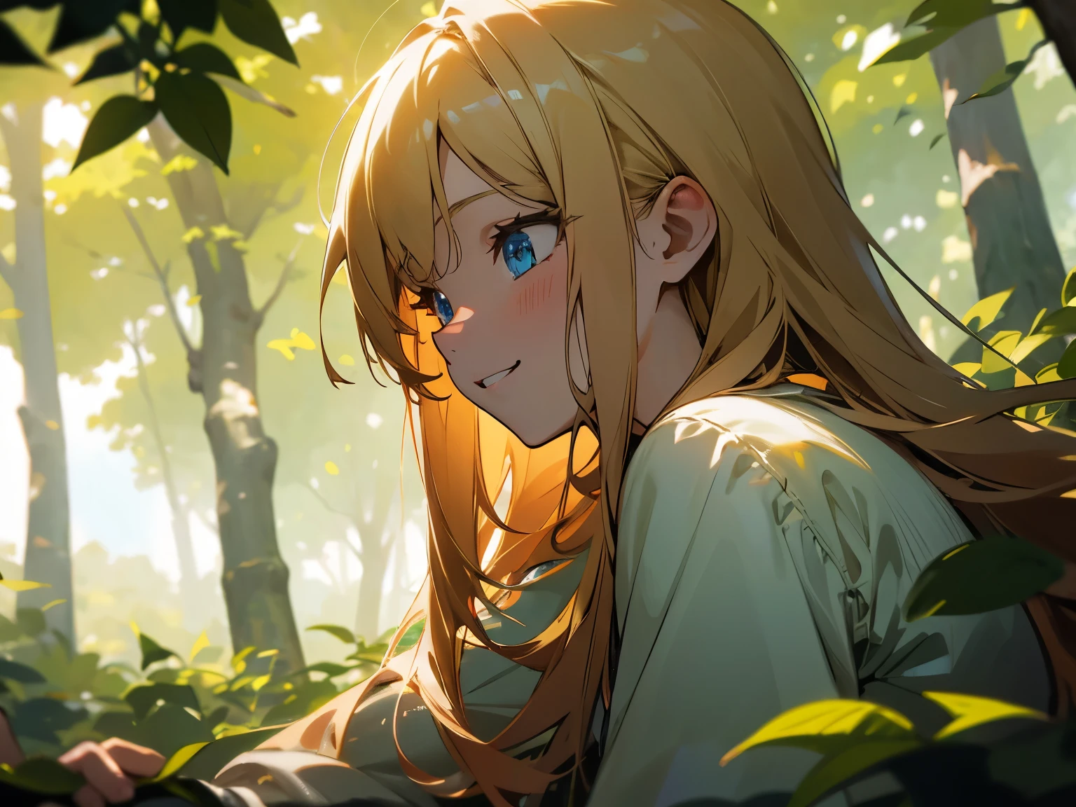 highres,realistic:1.2),anime style girl,blonde hair,mischievous personality,playful expression,blue eyes,detailed eyes and face,cute smile,treehouse on a forest,top of the treehouse,looking to the horizon,peaceful atmosphere,sunlight filtering through the trees,lush green foliage,golden sunlight,calm and serene setting,vibrant colors,leaves rustling in the wind,birds chirping in the background