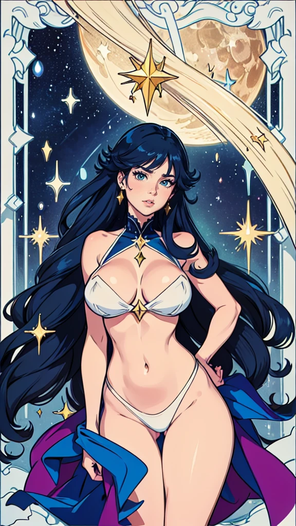 Portrait of a beautiful and attractive woman. Avec un magnifique regard, with very long hair, very sexy, avec une bouche assez pulpeuse, with a background on the theme of stars and the moon, avec de magnifique couleurs arc en ciel, very bright colors, femme fatale