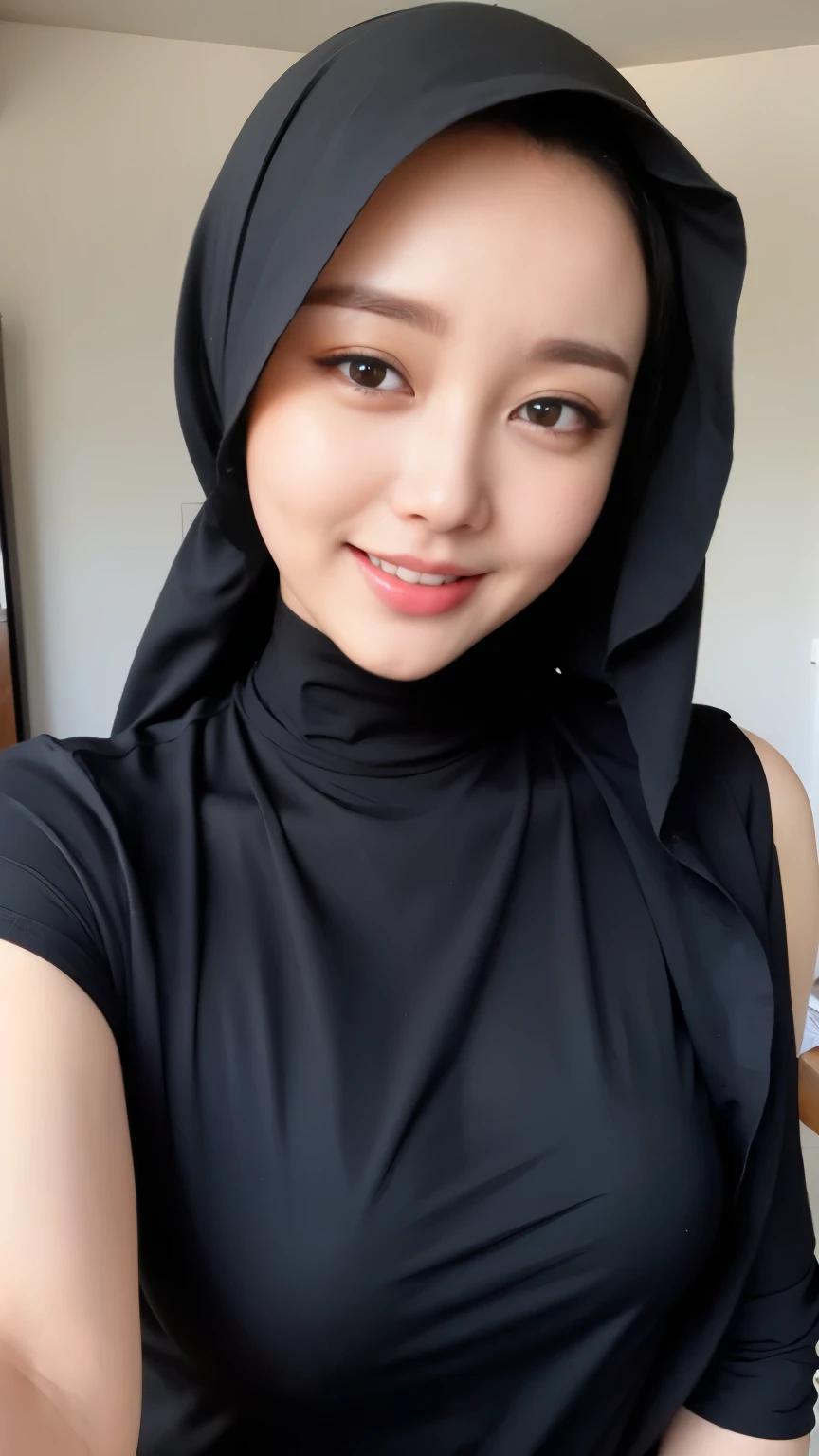 Black hijab collor, ((Best quality, 8k, Masterpiece :1.37)), (wear hijab black girls), girls wear hijab black, (girls wearing hijab black moslem), Position:standing model style, ((taking photos from face to thighs)), beautiful face, face bukkake, 18 years old girls, face laughed, ((lips laughed lightly)), hair black, ultra detailed face, ultra detailed body, slim body, lips smile, Beautiful detailed eyes, eyes korean, detailed nose, Natural Lip,  Wear hijab black moslem, (dress fancy jubba thobbe), view of the blue sky, Slim Body, body Sexy,  realistic face, backround people hijab 