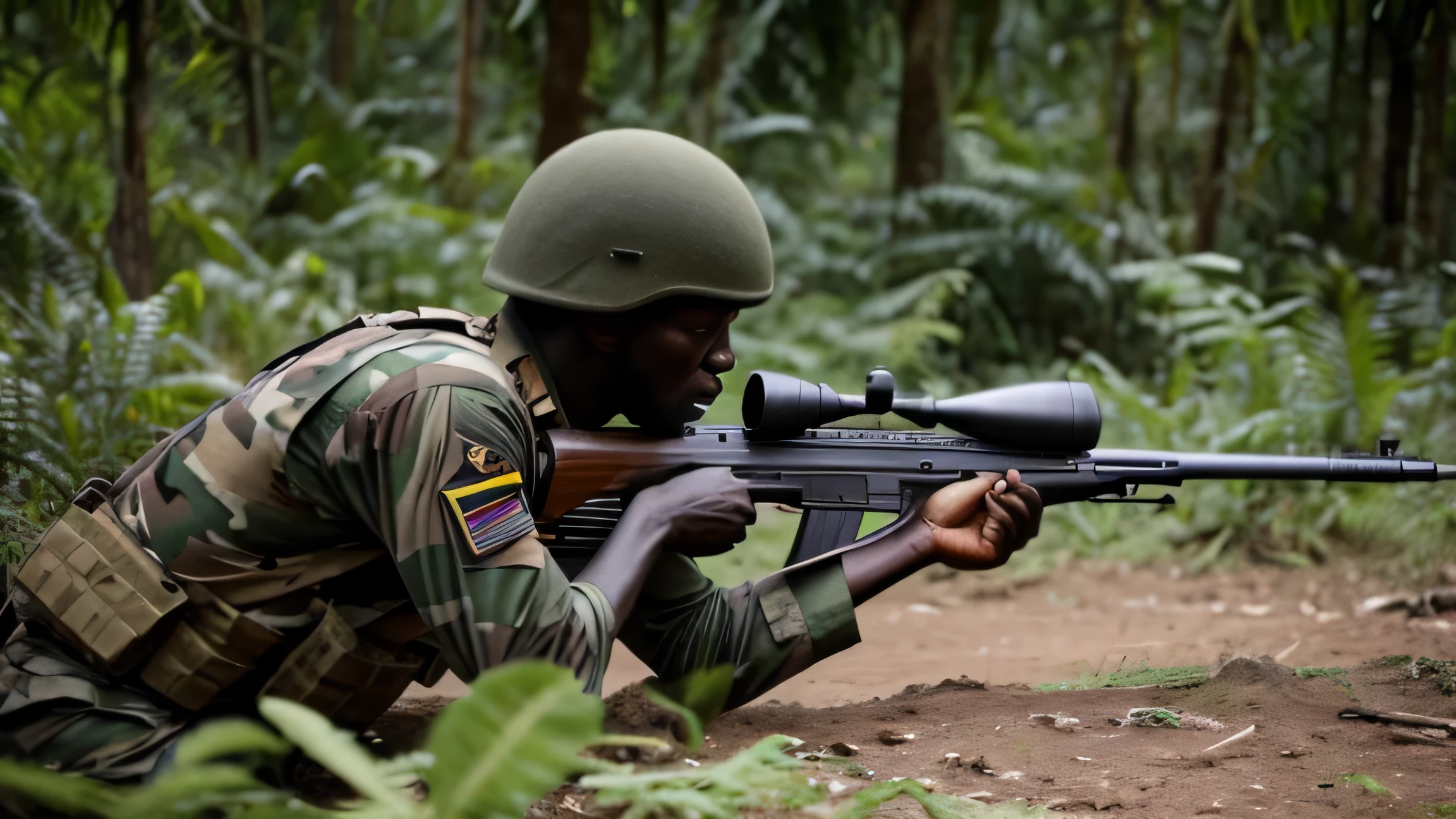 african soldier fighting firing with guns in forest of congo