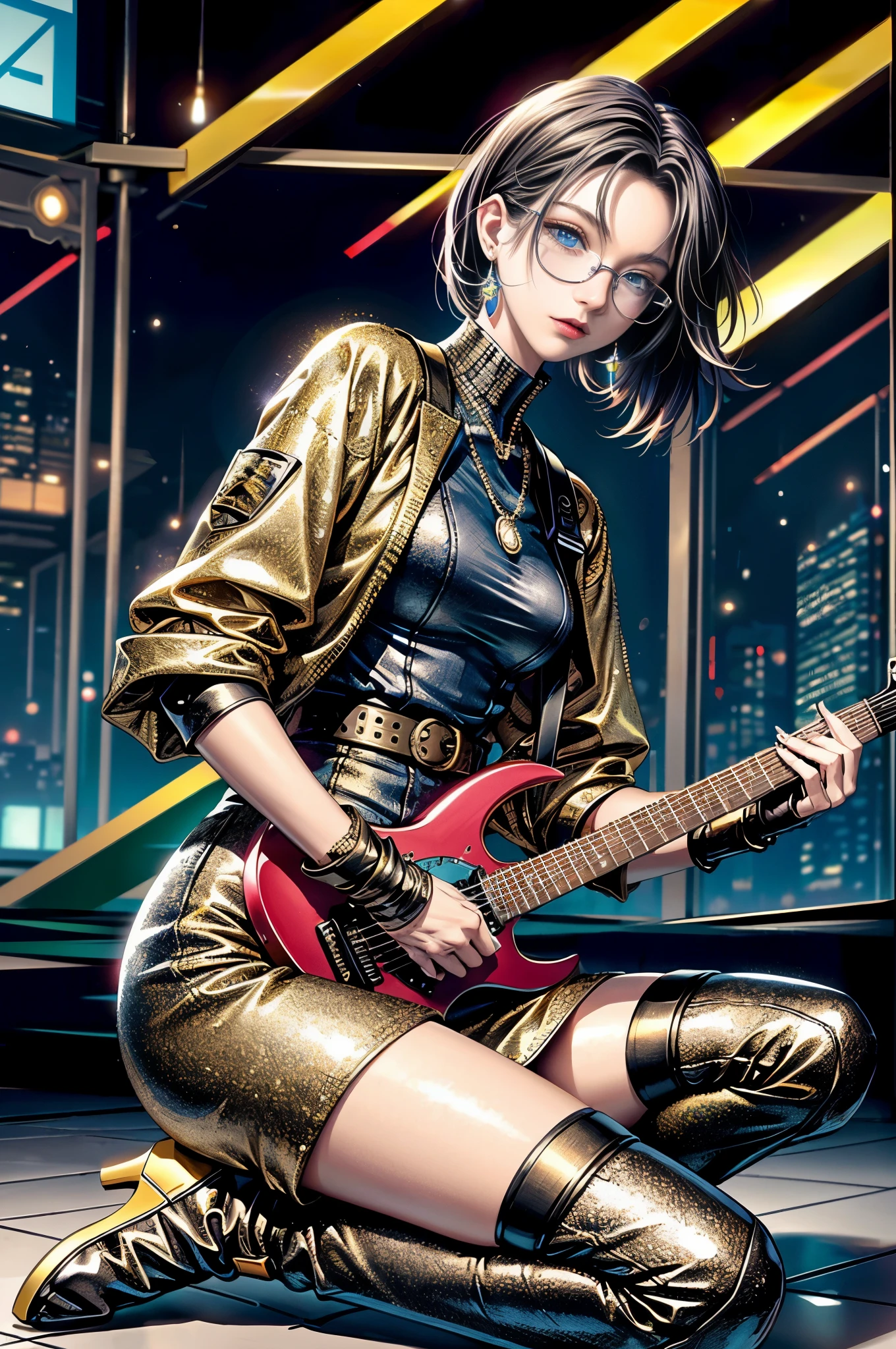 cinematic lighting、highly detailed skin,1 girl, highest quality,cyber punk,midjourney anime style、(dim color, soothing tone:1.3),(25 year old beautiful woman、Detailed beautiful facial features、short Blackhair、blue eyes.glasses.:1.3)break.BREAK.Electric Glam Rocker Look,
Sequin or metallic top for a glam rock vibe,
High-waisted leather skirt for a touch of edginess,
Statement belt with metallic or studded details,
Over-the-knee boots with a metallic finish,
Bold, chunky accessories like cuffs or chokers,
Fingerless gloves with metallic accents,
Dramatic eye makeup with metallic or glittery shades,

Guitar-shaped pendant or earrings for a rockstar touch,(playing Guitar、非常に詳細で正確なギター:1.4)(Black hair short hair:1.2)
BREAK、Studio inside a skyscraper at night
