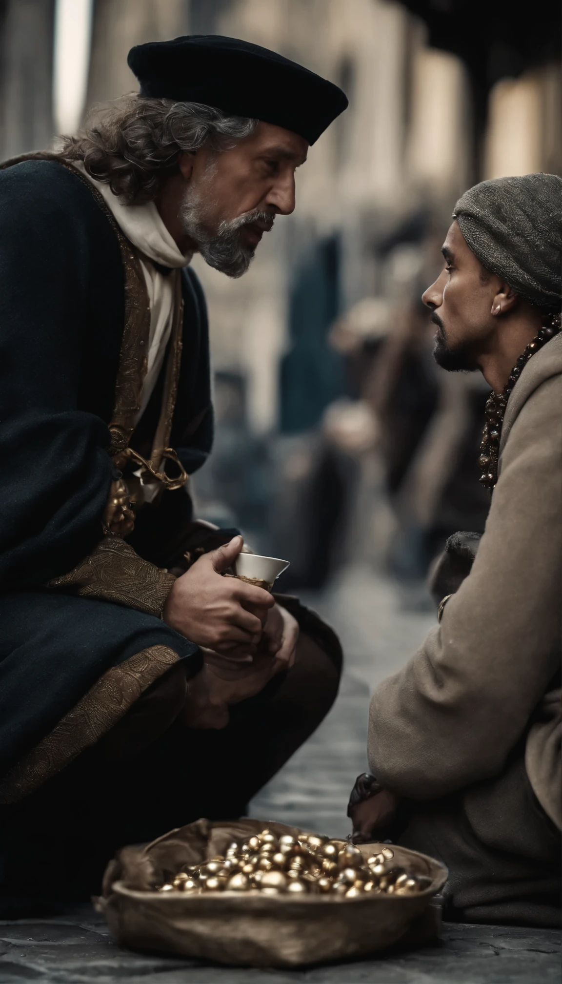 The AI generated realistic photo of a rich and poor person interaction during medieval era shows a wealthy individual clad in expensive clothing and jewelry talking to a homeless person sitting on the sidewalk a poor with cup for donations.