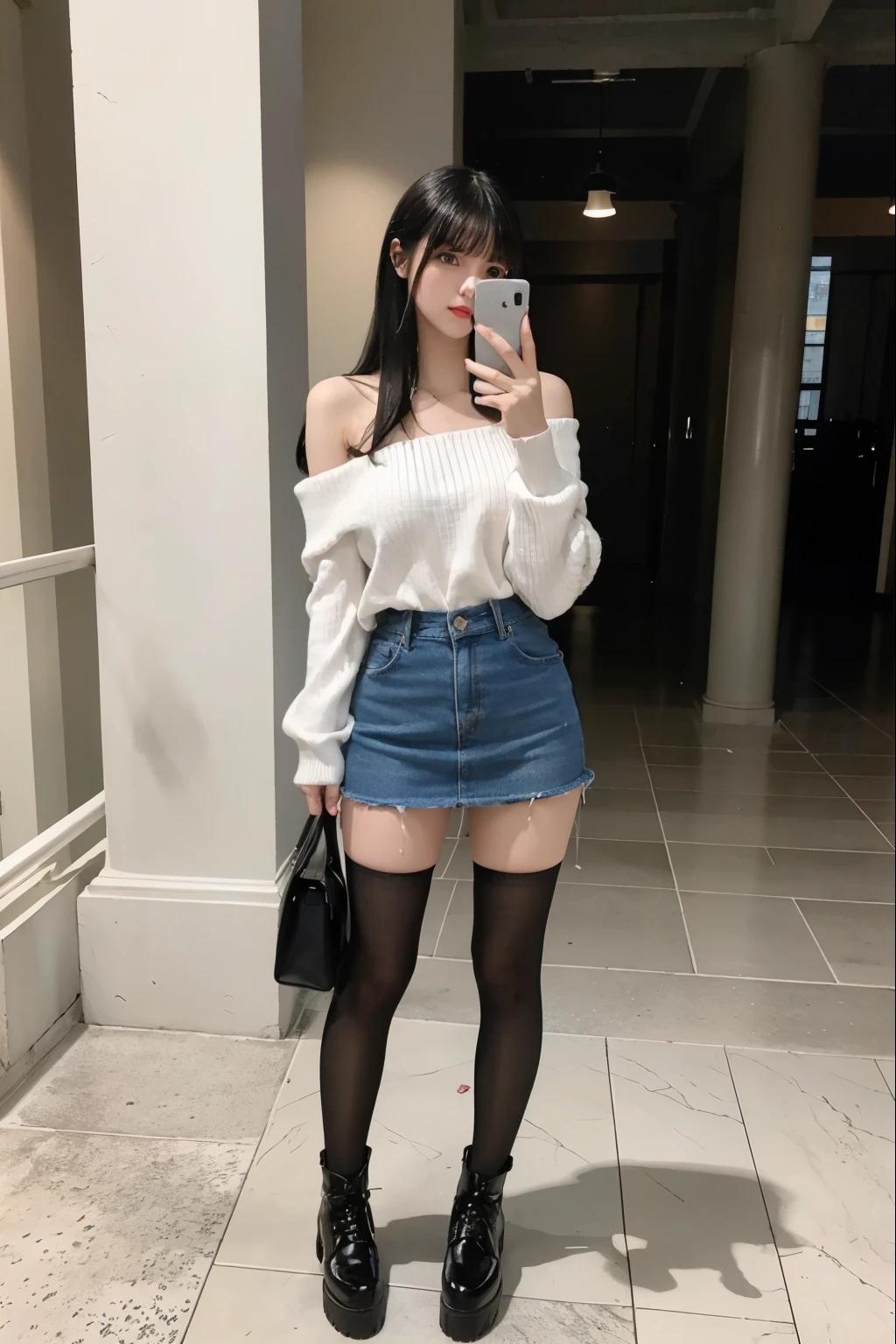 full body shot、straight legs、highest quality、Super high resolution、(Photoreal:1.5)、1 girl、White off-shoulder knit、denim mini skirt、black knee high socks、black platform leather shoes、long hair:1.2、With bangs、black hair、big breasts:1.2、university courtyard、Taking a selfie with a smartphone in his right hand
