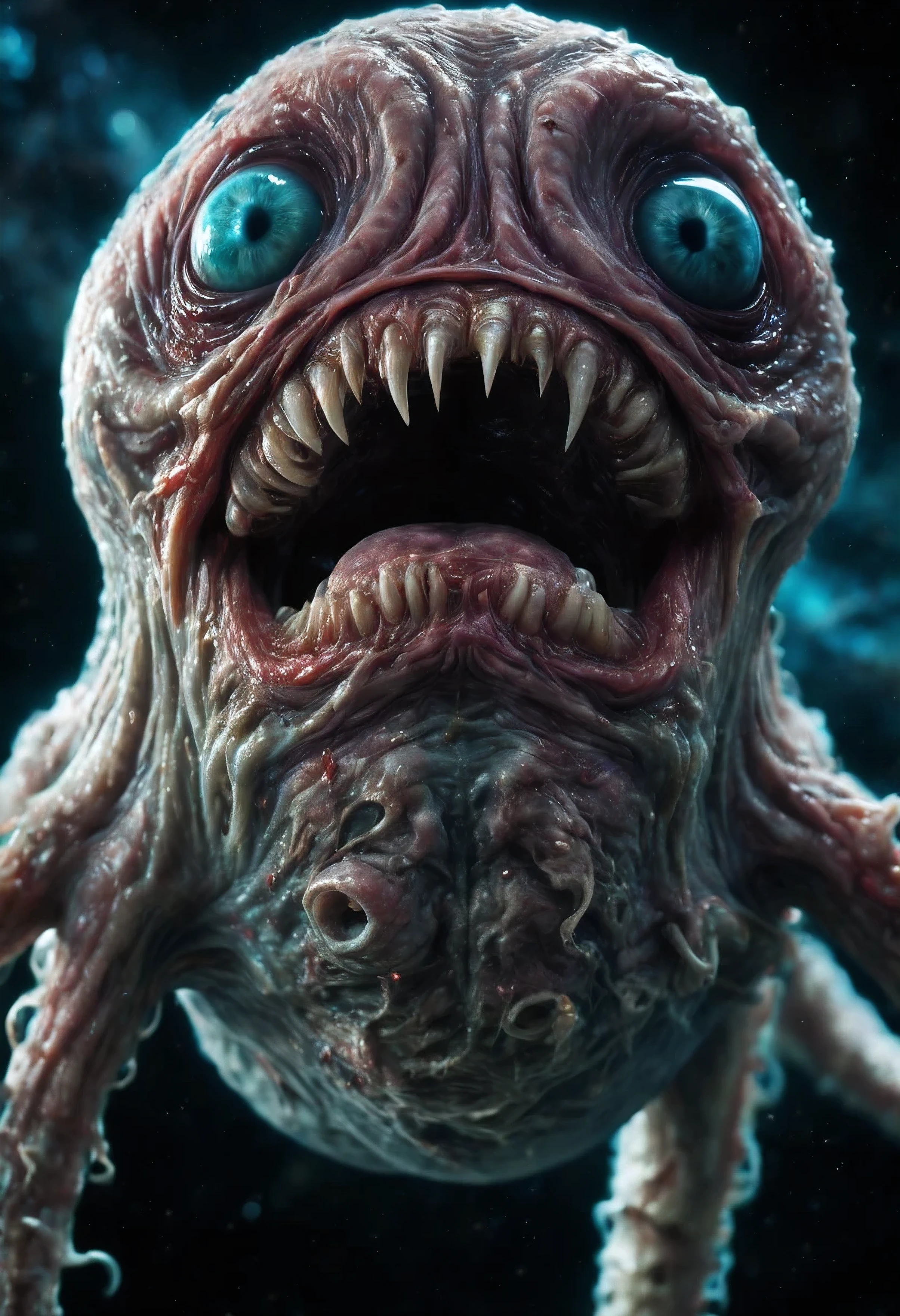 an unimaginably creepy creature in (space), consisting of flesh and terrible eyes, Huge mouth, (full-body-shot) subsurface scattering, film grain, high-budget, Tentacle-like, volumetric lighting, highly detailed, realism, 3D, 4K, high quality highres high saturation, (cerulean), surreal