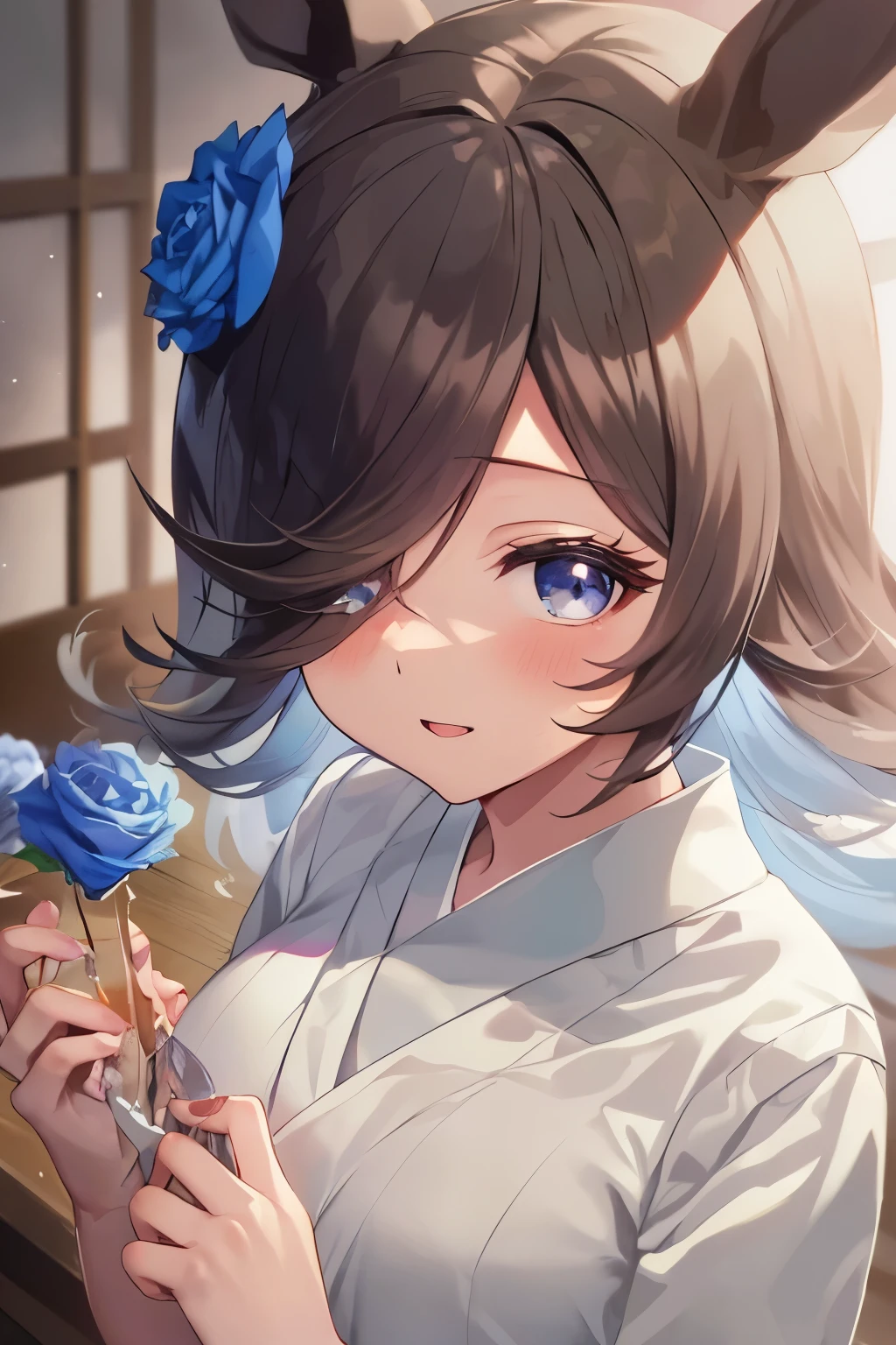 (table top.highest quality).(dynamic angle). (CG painting with very impressive details),(perfect image)、comic strip.figure.small breast girl.detailed face、perfect face.delicate face、Japanese clothingを着た貧乳少女、((繊細なJapanese clothingを着た胸の小さな女の子))、rough skin、Black hair is long hair、(Umamimi girl)Umamimi girl、((beautiful blue eyes)).delicate and beautiful eyes、detailed eyes、Reflected eyes、smile.(look at the viewer:1.3).(face is a little red:0.8)、8k wallpaper、cowboy shot、reflected light、most detailed、Complex、delicate background、rough skin、fine skin、(super resolution)、(Japanese clothing)、generally、Yukata、Japanese clothing、Japanese clothing、Best clothes、bright background