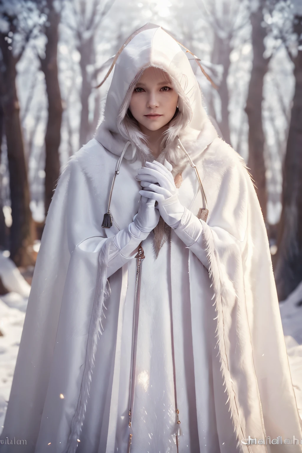 Description: A highly detailed image of the wise white fox demon. (Complicated white cloak: 1.4) In a dark fur cloak with a shining sword (Fur: 1.4) Deep dark forest background. (Shallow depth of field: 1.4) Leaves, all over the world, bright light, bright light. Detailed and complex environment