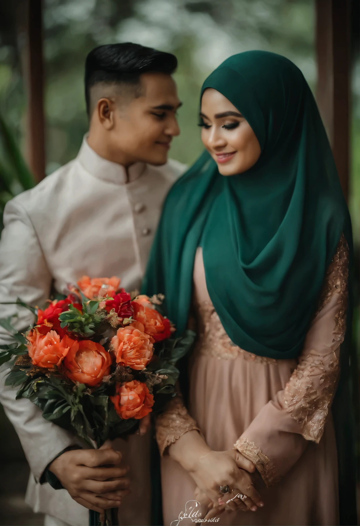 foto prewedding lelaki memakai jas dan perempuan berhijab