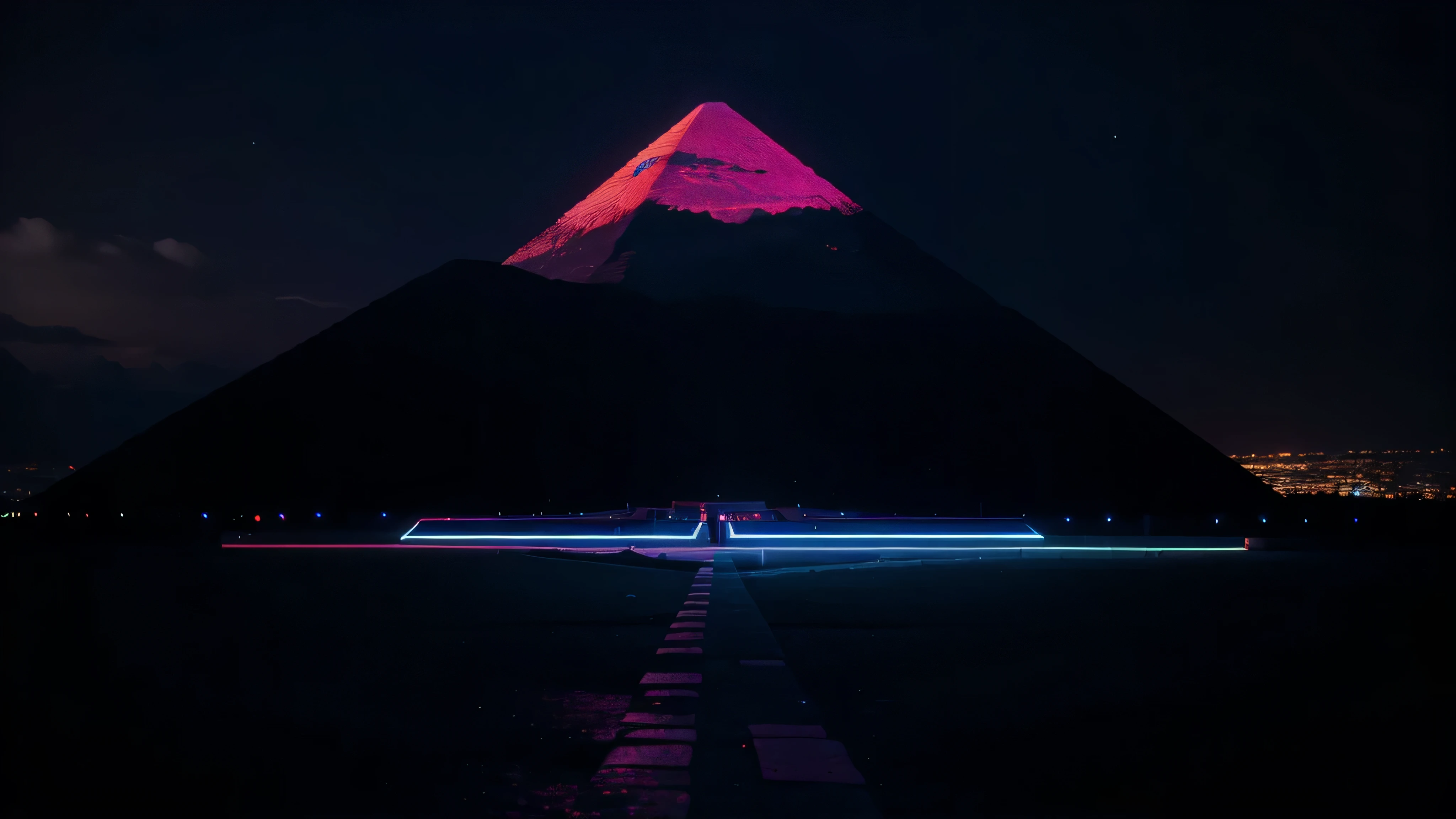 line to pyramid, dark, night, neon lights, vaporwave