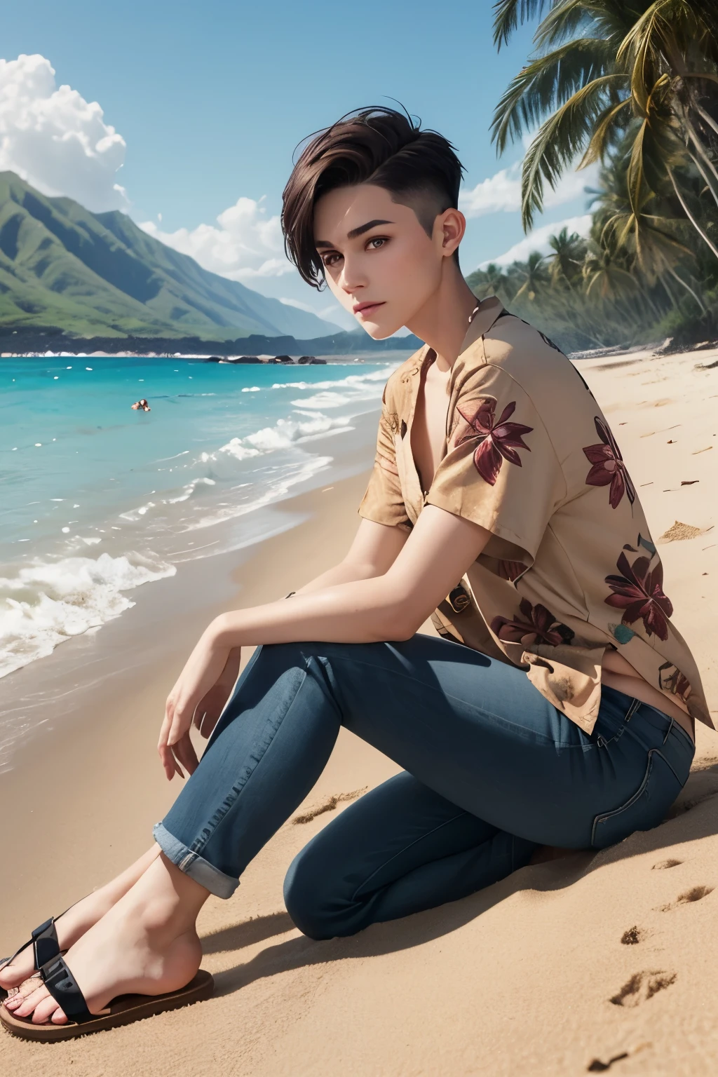 A fullbody portrait of an androgynous young woman with a undercut. Cool. Kind. Friendly. Happy. Tomboyish. Very short manly haircut. Dark-brown hair with a undercut. Sides shaved. A soft narrow face with a lot of freckles. Long neck. Soft round chin. Wide forehead. Very thin barley visible eyebrows. Big upturned eyes. Dark-brown eyecolour. Long wide nose. Soft curved lips. Very pale skin with liverspots. Very . Wide hips. Long thick legs. Wearing a hawaiian shirt. Blue Jeans. Sandals. On the beach.