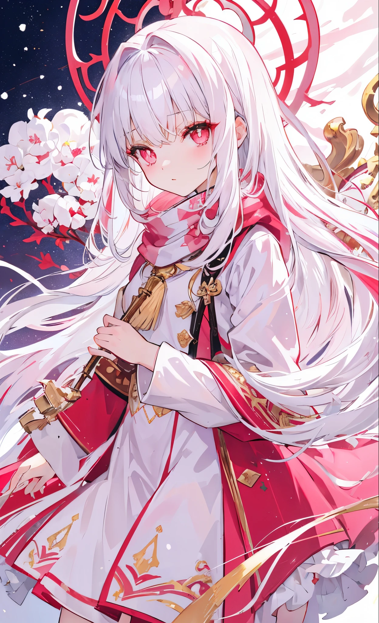 white snow hair，red pupils，very stunning，Petite and cute little sweet girl，Soft and waxy texture of pink clothes，Inlaid with gold trim