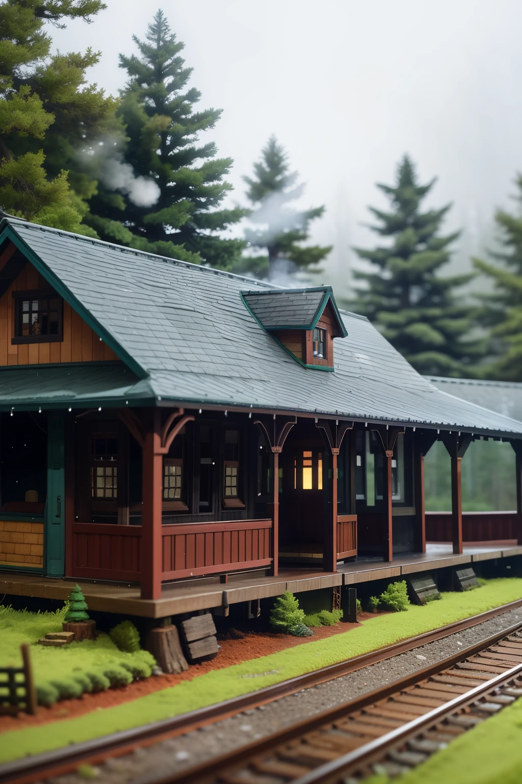 In the heart of a tranquil forest, a miniature train station nestles among ancient trees. A solitary deer grazes nearby, its ears twitching at the sound of approaching footsteps. Two figures, bundled against the chill of the forest air, make their way towards the quaint station. Steam rises from the trains cooling vents, creating a ethereal mist that clings to the trees.
The train station's intricate details come alive under the macro lens, from the scratchy textures of the wooden buildings to the precision of the miniature gears and levers. The steam forms intricate patterns as it drifts through the scene, the raindrops suspended in the air