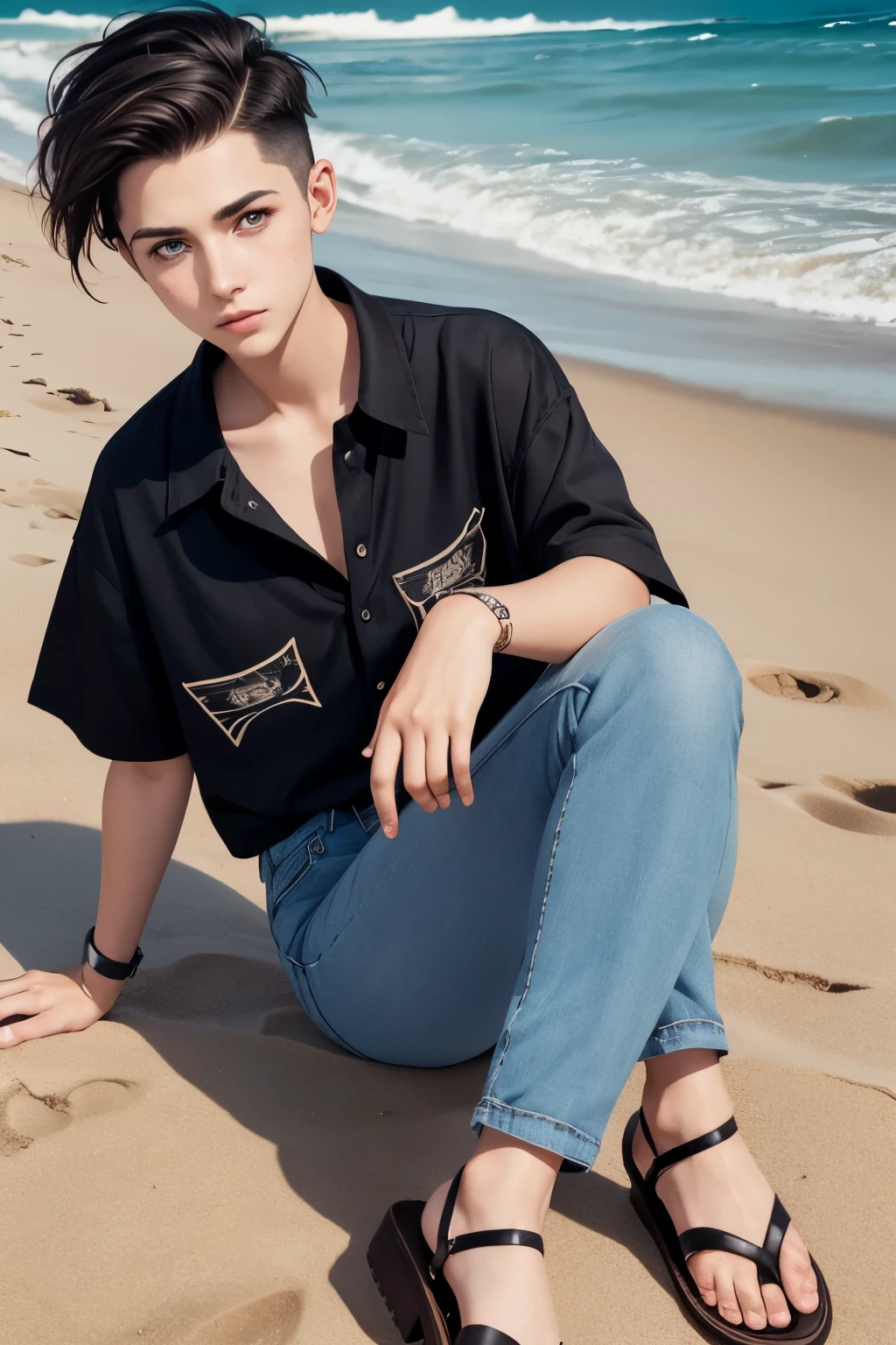 A fullbody portrait of an androgynous young woman with a undercut. Cool. Kind. Friendly. Happy. Tomboyish. Very short manly haircut. Dark-brown hair with a undercut. Sides shaved. A soft narrow face with a lot of freckles. Long neck. Soft round chin. Wide forehead. Very thin barley visible eyebrows. Big upturned eyes. Dark-brown eyecolour. Long wide nose. Soft curved lips. Very pale skin with liverspots. Very . Wide hips. Long thick legs. Wearing a hawaiian shirt. Blue Jeans. Sandals. On the beach.