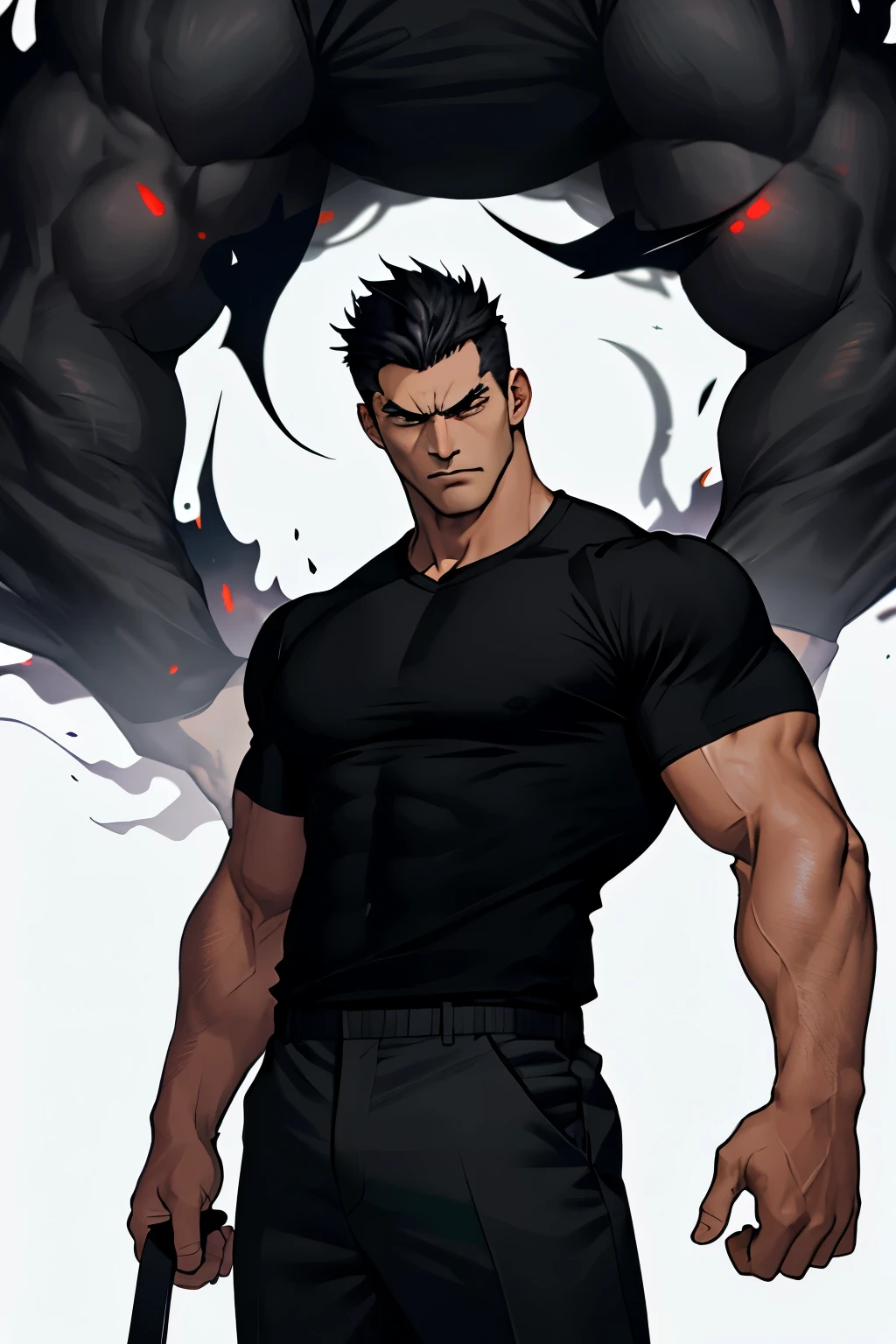A muscular male with sleek black hair, dressed in a black shirt with short sleeves and pants, stands tall. His intimidating presence resembles that of a formidable monster, ready to unleash its power.