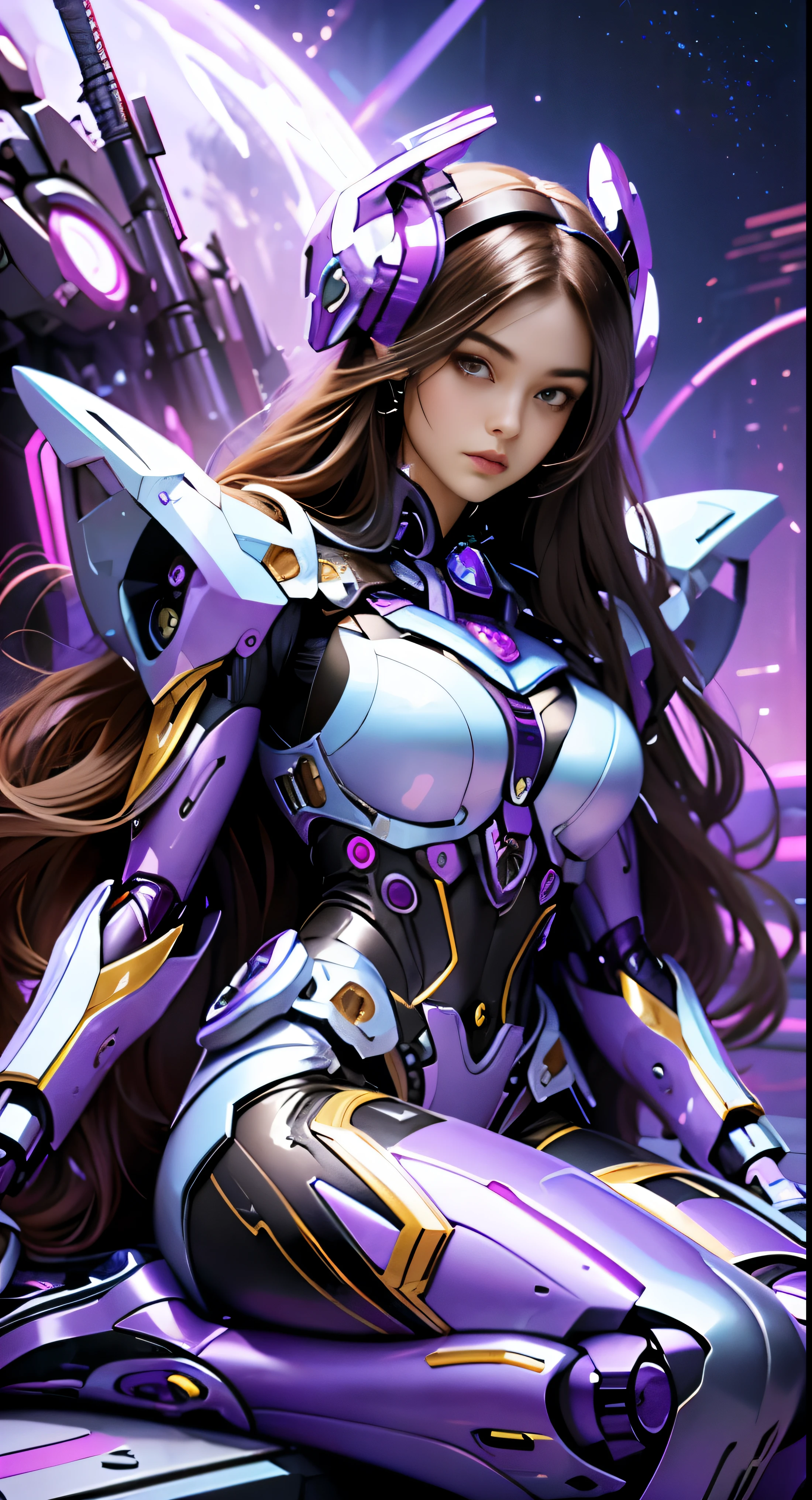 Photo, Purple mech female warrior，18-year-old girl，Nice face，HD ratio，The atmosphere of the planet Pandora，Diverse perspectives，Complicated details，Headsets mecha, very long hair brown, sit down,