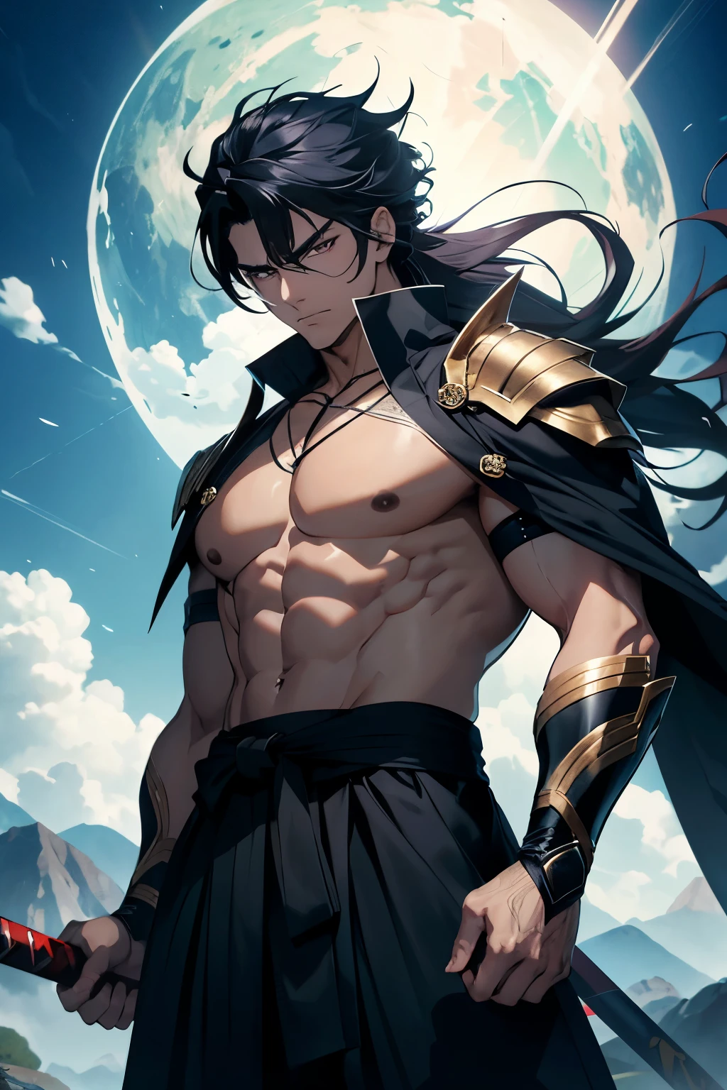 An exceptional piece of art, a top-tier masterpiece, showcasing the majestic presence of Fushiguro Toji, a muscular male with ebony locks cascading down his broad shoulders. Dressed in a traditional black hakama, he exudes an aura of intensity and power. In one hand, he firmly grasps a gleaming katana, its blade reflecting the light with a mesmerizing sheen. Adorning his body is a suit of metallic armor, intricately designed and exquisitely detailed, further accentuating his imposing figure. His piercing eyes, ablaze with an otherworldly glow, captivate all who gaze upon them. Amidst a breathtaking backdrop, Fushiguro Toji stands proudly, a symbol of strength and
