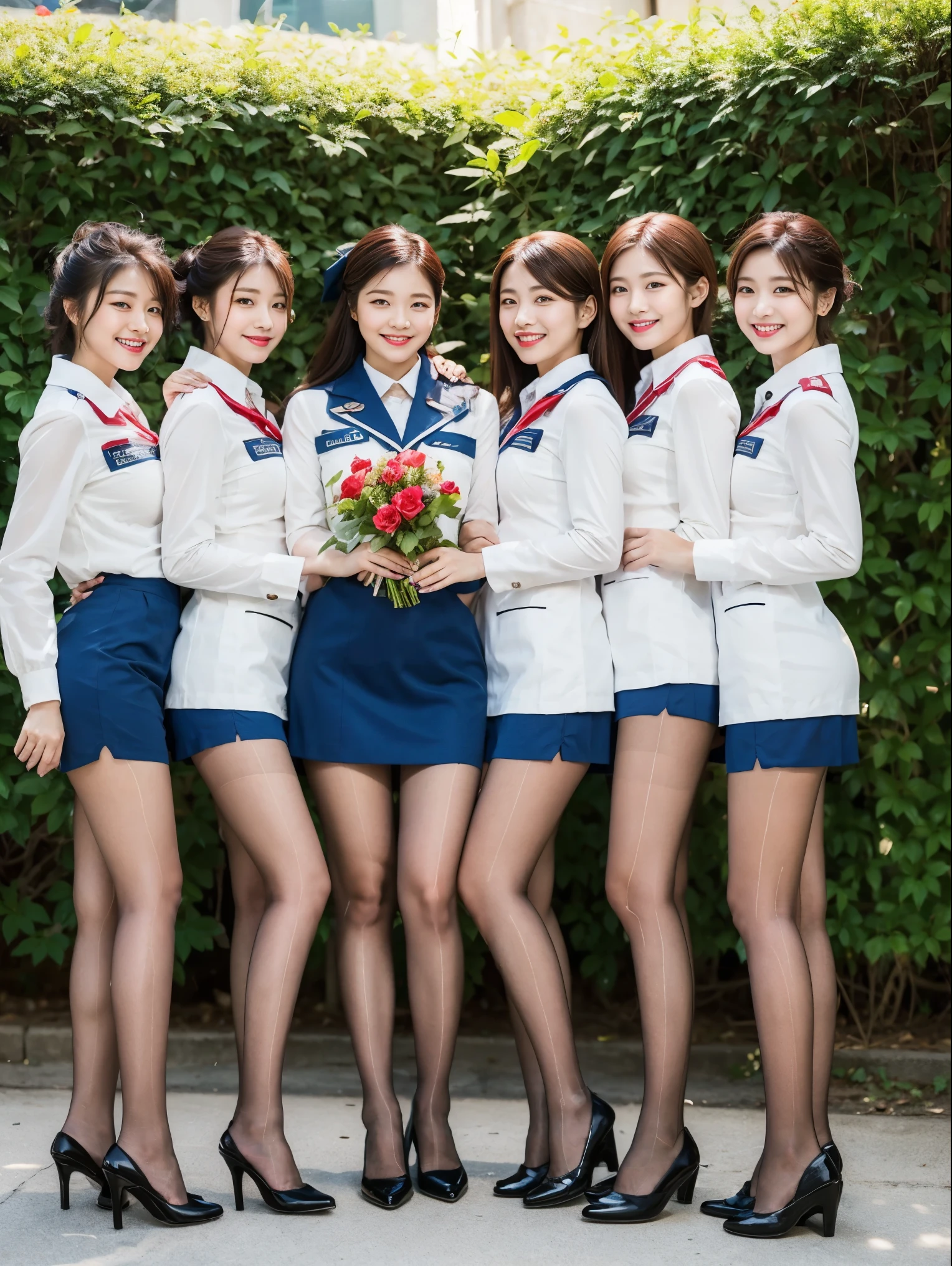 (original photo:1.2), (lifelike:1.4),beautiful and delicate woman, Very detailed eyes and faces, delicate eyes, Super detailed, high resolution, Very detailed, best quality, Unite, 8k, masterpiece, best quality,A group of girls posing for a group photo, Airline stewardess, graduate, Airline stewardess uniform, 40d pantyhose, black footwear, High heel, bright smile, lace pantyhose, permanent, bright lights, day time, Korean makeup, background garden, crowd depth of field