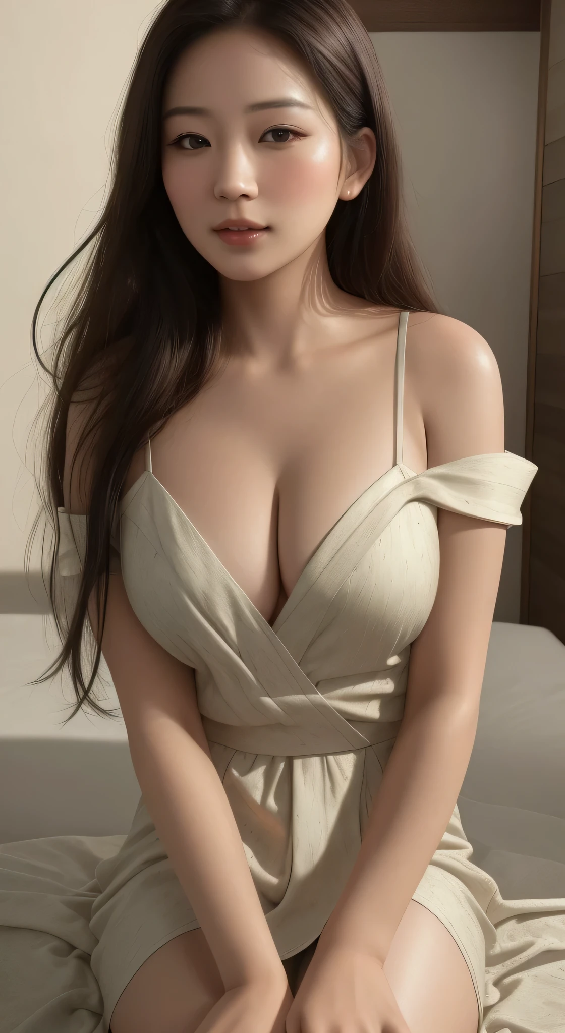 ((Best quality, 8k, Masterpiece :1.3)), Beautiful face, (photo realistic:1.4), soft lighting, (high detailed skin:1.3), 8k uhd, dslr, high quality, high resolution, 4k, 8k, absurdres, best ratio four finger and one thumb, (realistic:1.4), ((realistic medium :1.3)), Highly detailed face and skin texture, Detailed eyes, Double eyelid, full body view, 1 asian woman, off shoulder kimono outfit