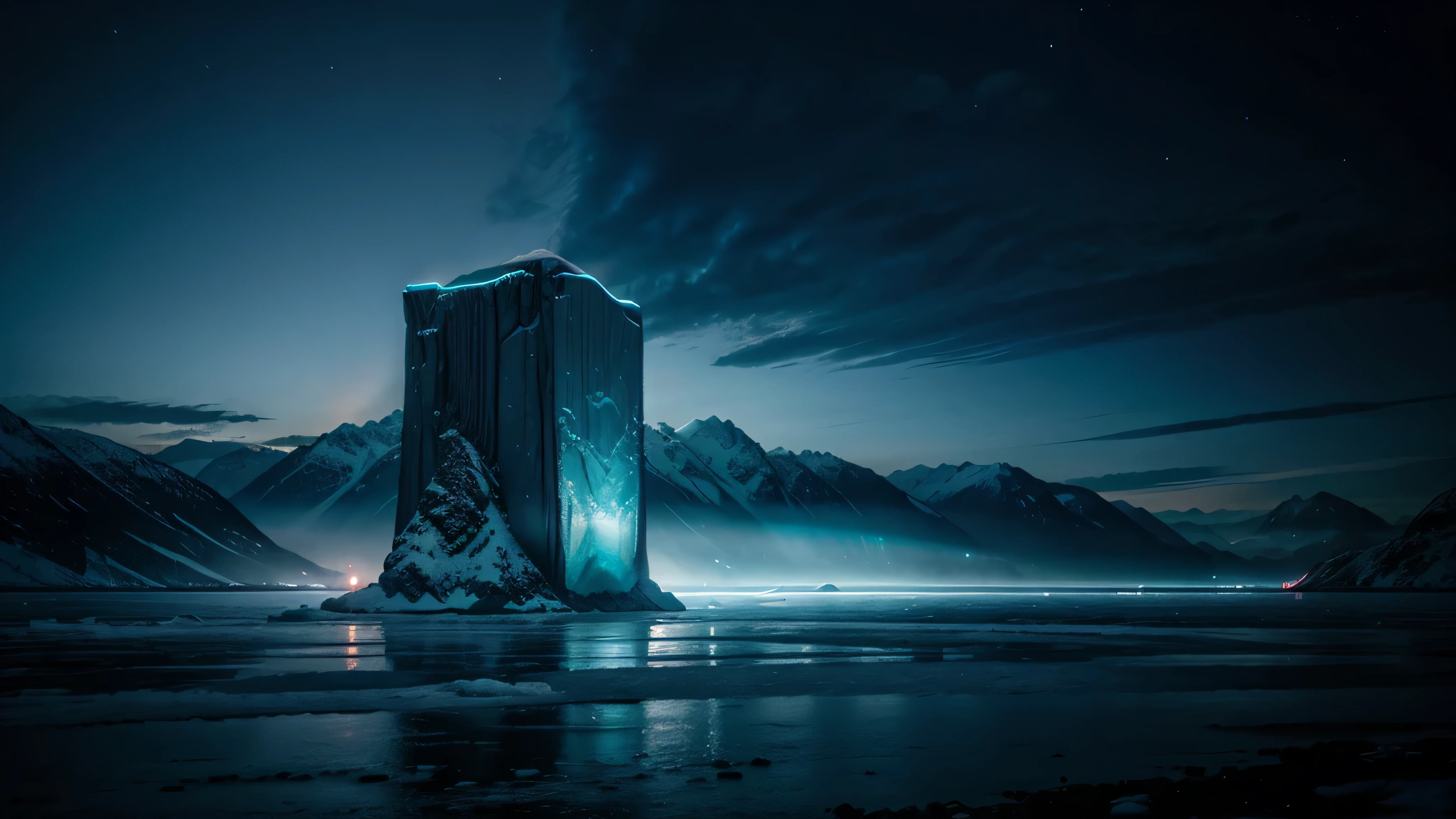 massive frozen fjord, monolith, dark, night, neon, vaporwave