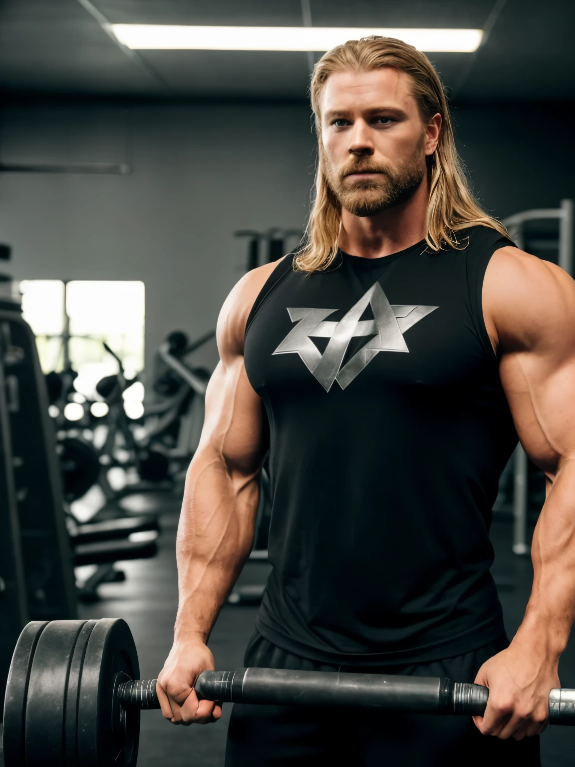 Thor-like man is in a bodybuilding gym. He's wearing a black T-shirt, is facing the cameras. Cabelos curtos. Ambiente escuro com algumas luzes. imagem de alta qualidade. rica em detalhes