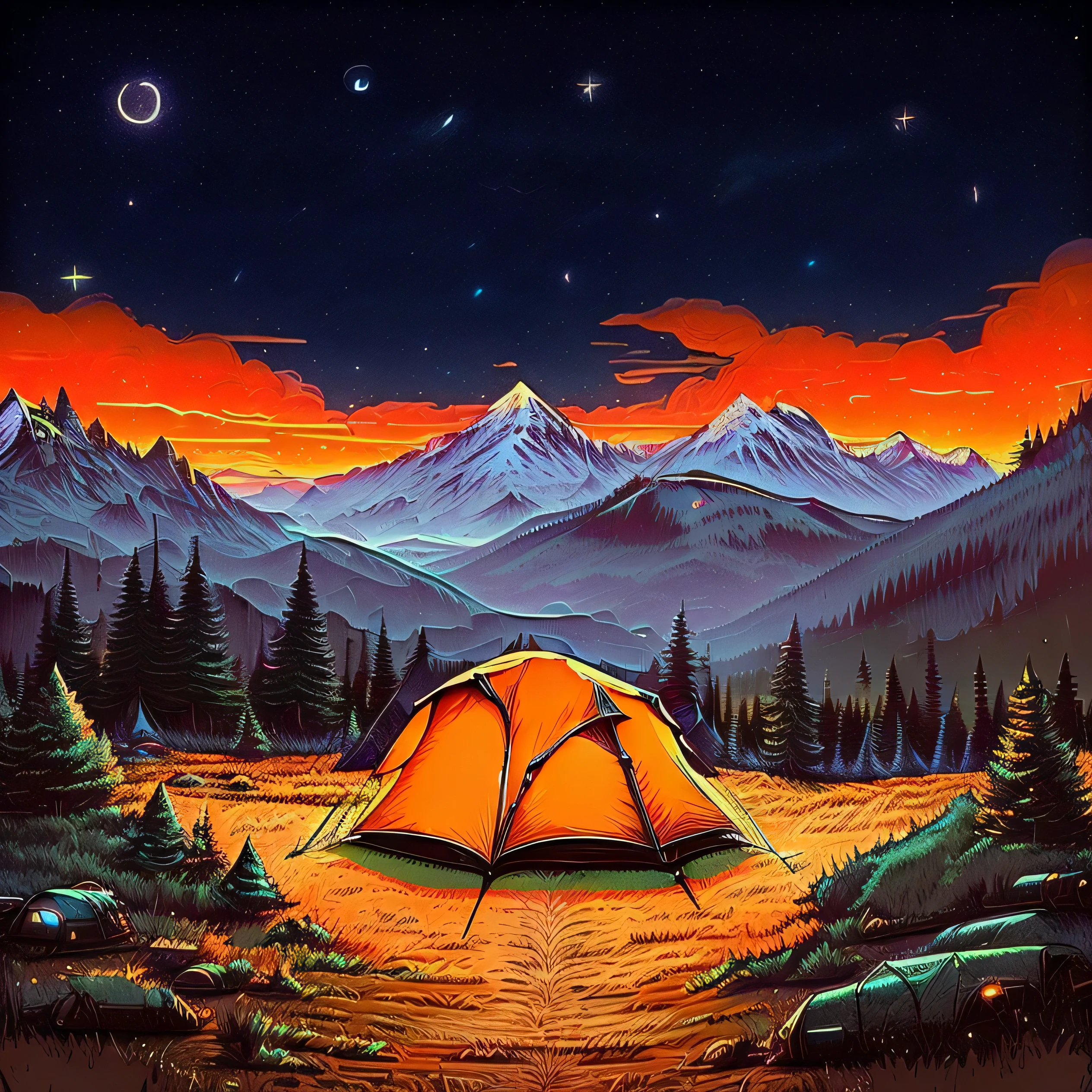 there is a tent pitched up in the middle of a field, camping, night time scene, calm night. digital illustration, background art, background artwork, by Justin Gerard, under the stars, jen bartel, night outside, summer night, 🌲🌌, tent, detailed digital illustration, it's night time, stary night painting, in the mountains