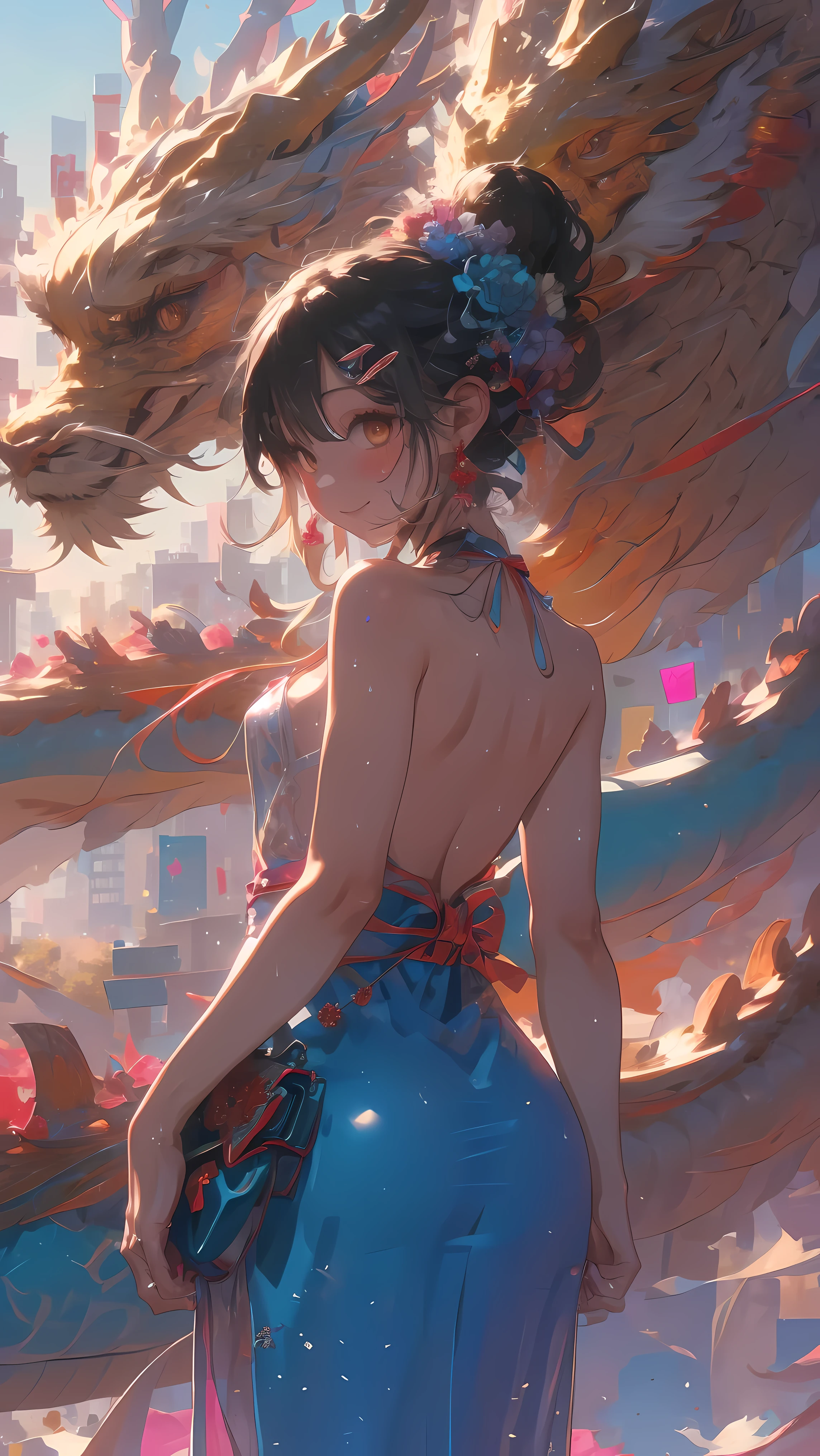 (from behind,back focus:1.4),Dragons and Girls,1 girl,(Miyu Edelfeldt),Change,camel toe,black hair,brown eyes,seduct smile,alone,big ass,Tail,colored skin, jewelry, skirt,裸露thigh,necklace, Bangs, hair accessories, bare shoulders, side ponyTail, halter neck, Deep V neckline, side lock, halter skirt, backlessoutfit, silver skirt, nail polish, backless skirt, alone, Keep your mouth shut, blush, Bag, revealing clothes, earrings, hairpin, handBag, Sweat, perspective, evening dress, thigh, blue nails, flat_boobgasm, official alternate costume, cover nipples, hair between eyes,, best quality, amazing quality, very aesthetic, ridiculous,