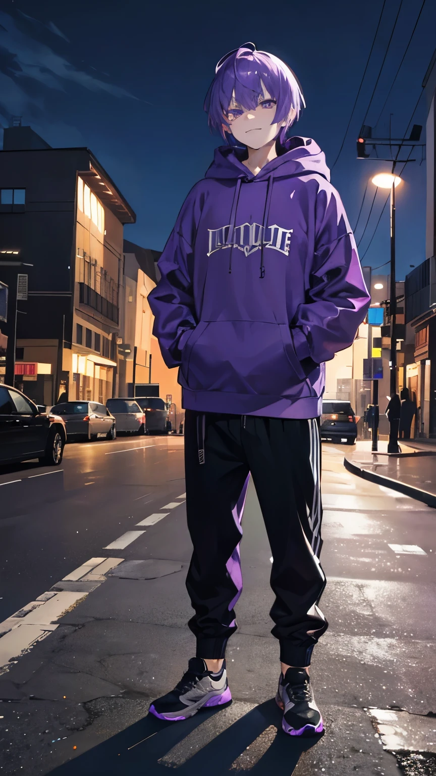 A man, purple hair and silver eyes, sharp short hair, wearing a hoodie, standing alone, night, badass, mascular, his face is dark, evil smile, a little stocky, full body