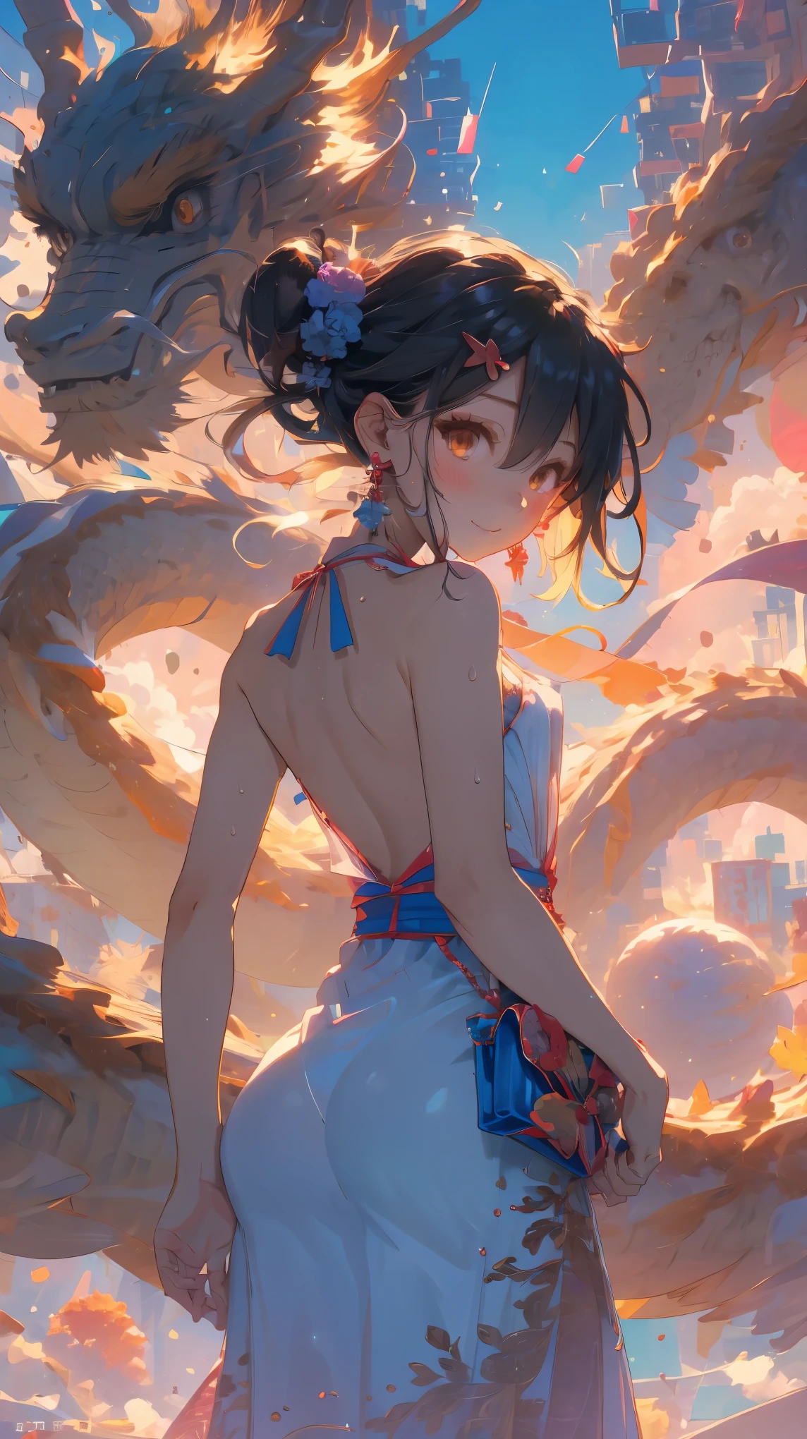 (from behind,back focus:1.4),Dragon and girl,1girl,(Miyu Edelfelt),loli,cameltoe,black hair,brown eyes,seductive smile,solo,big ass,tail,colored skin, jewelry, dress,bare thigh,necklace, bangs, hair ornament, bare shoulders, side ponytail, halterneck, plunging neckline, sidelocks, halter dress, backless outfit, silver dress, nail polish, backless dress, solo, closed mouth, blush, bag, revealing clothes, earrings, hairclip, handbag, sweat, see-through, evening gown, thighs, blue nails, flat_chest, official alternate costume, covered nipples, hair between eyes,, best quality, amazing quality, very aesthetic, absurdres,