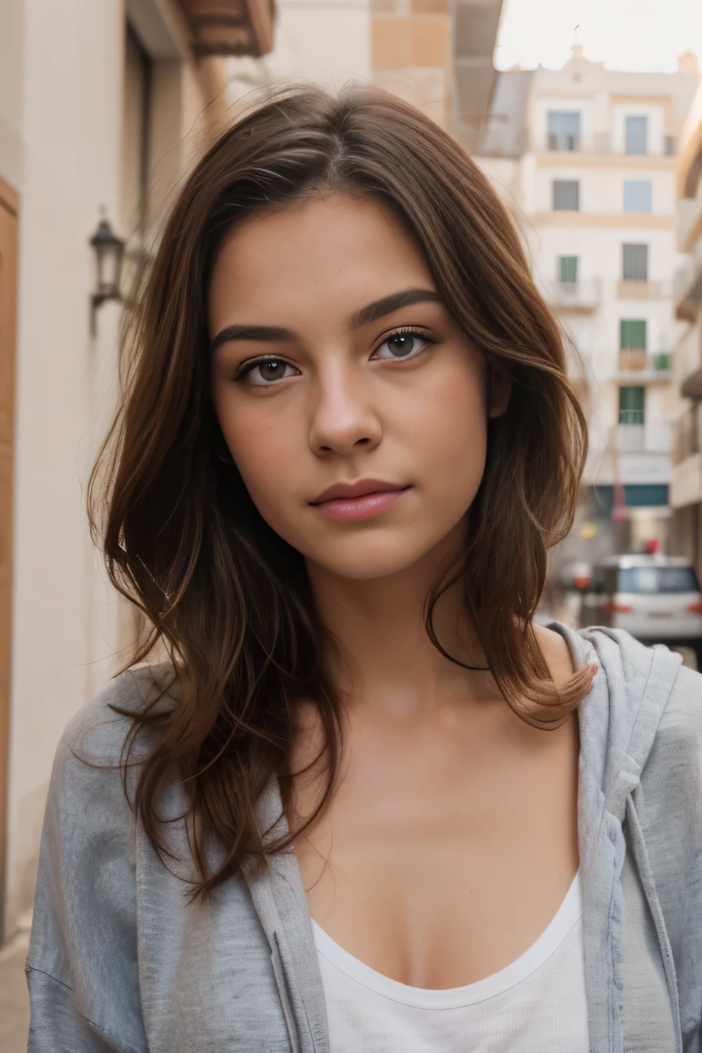 ((best quality)), ((Meisterwerk)), (Detailliert), Perfektes Gesicht,stunning realistic, photorealistic, photorealism, 1 beautiful spain girl,small nose,17 years old,Brown long hair,light curly hair,beautiful grey and blue eyes,light sixpack,oversized hoodie