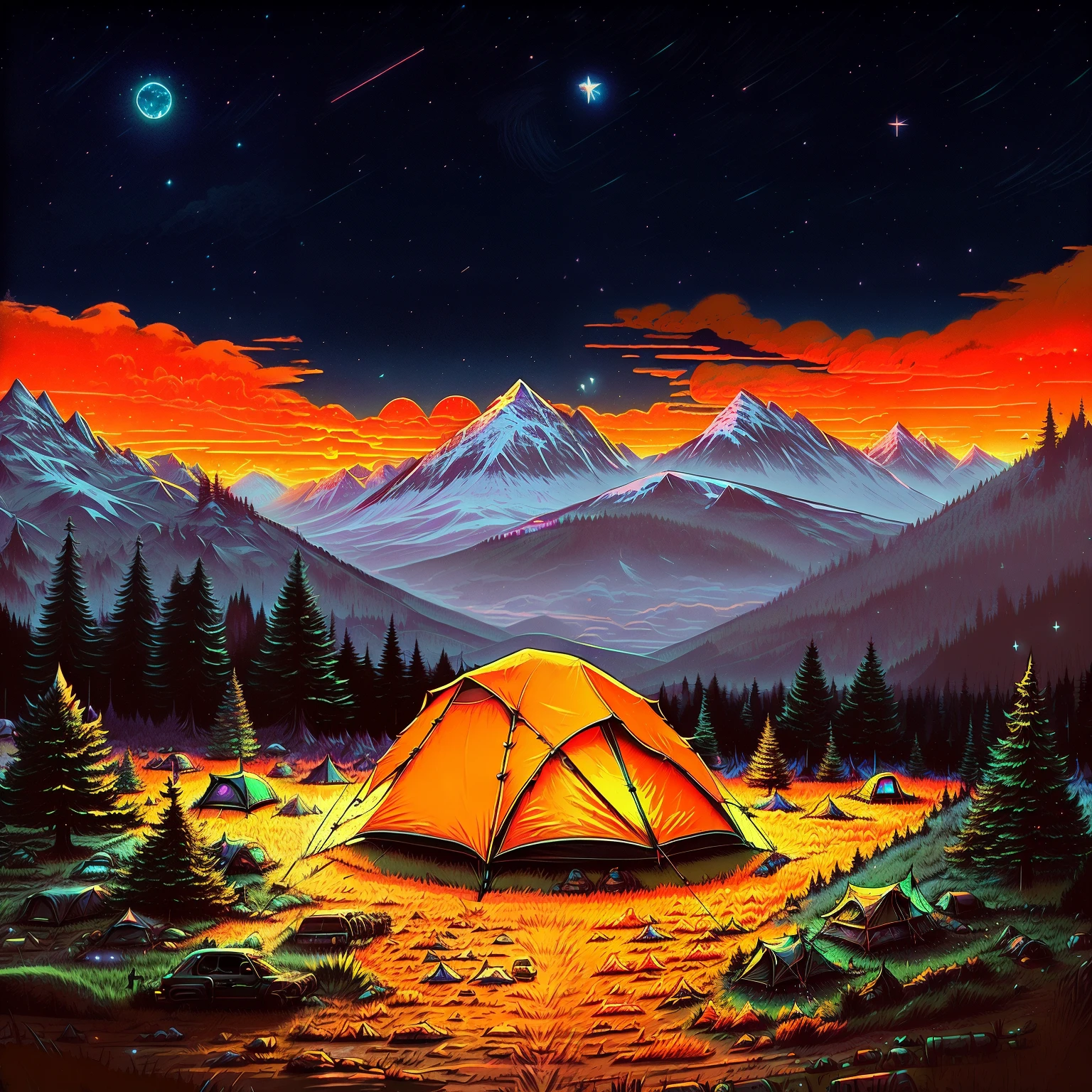 there is a tent pitched up in the middle of a field, camping, night time scene, calm night. digital illustration, background art, background artwork, by Justin Gerard, under the stars, jen bartel, night outside, summer night, 🌲🌌, tent, detailed digital illustration, it's night time, stary night painting, in the mountains