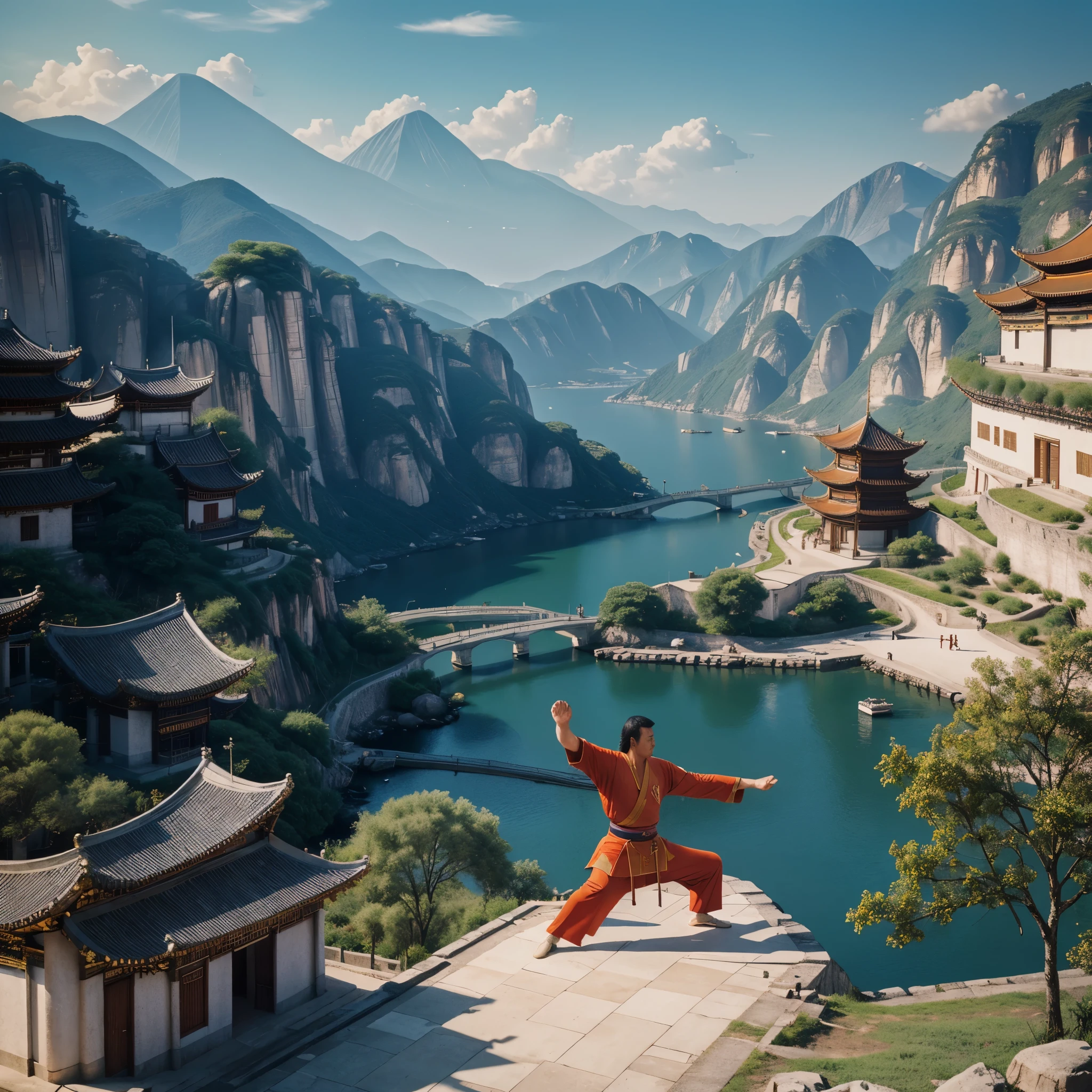 Landscape with buildings, (1970s Kung Fu Move style:1.3), hyper realistic, 8k, vibrant colors, sharp image