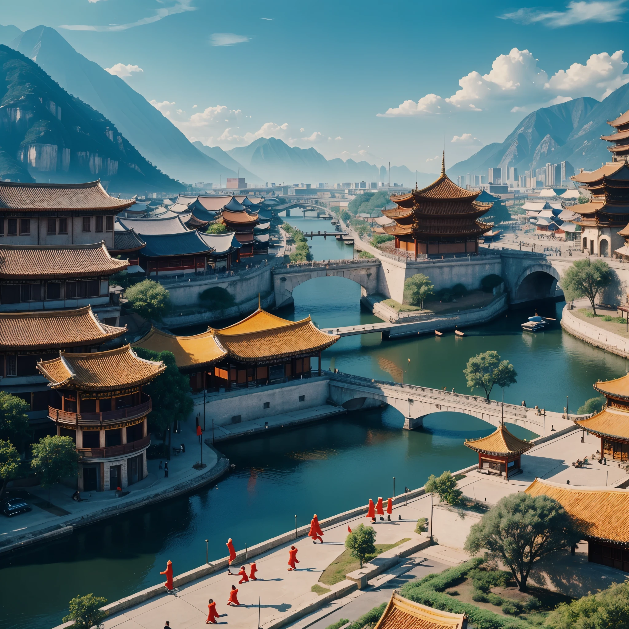 Landscape with buildings, (1970s Kung Fu Move style:1.3), hyper realistic, 8k, vibrant colors, sharp image